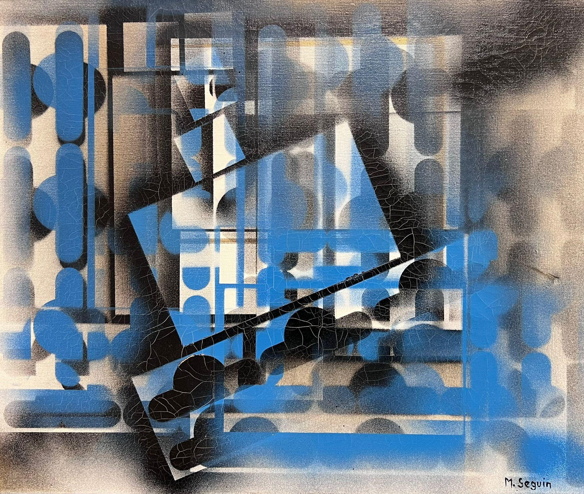 Michel Seguin Abstract Painting - Large French Abstract Expressionist Painting Contemporary Black Blue & White