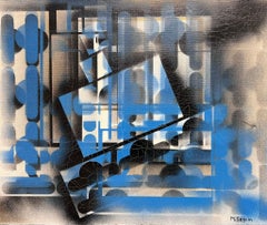 Grande peinture expressionniste abstraite française contemporaine noire, bleue et blanche