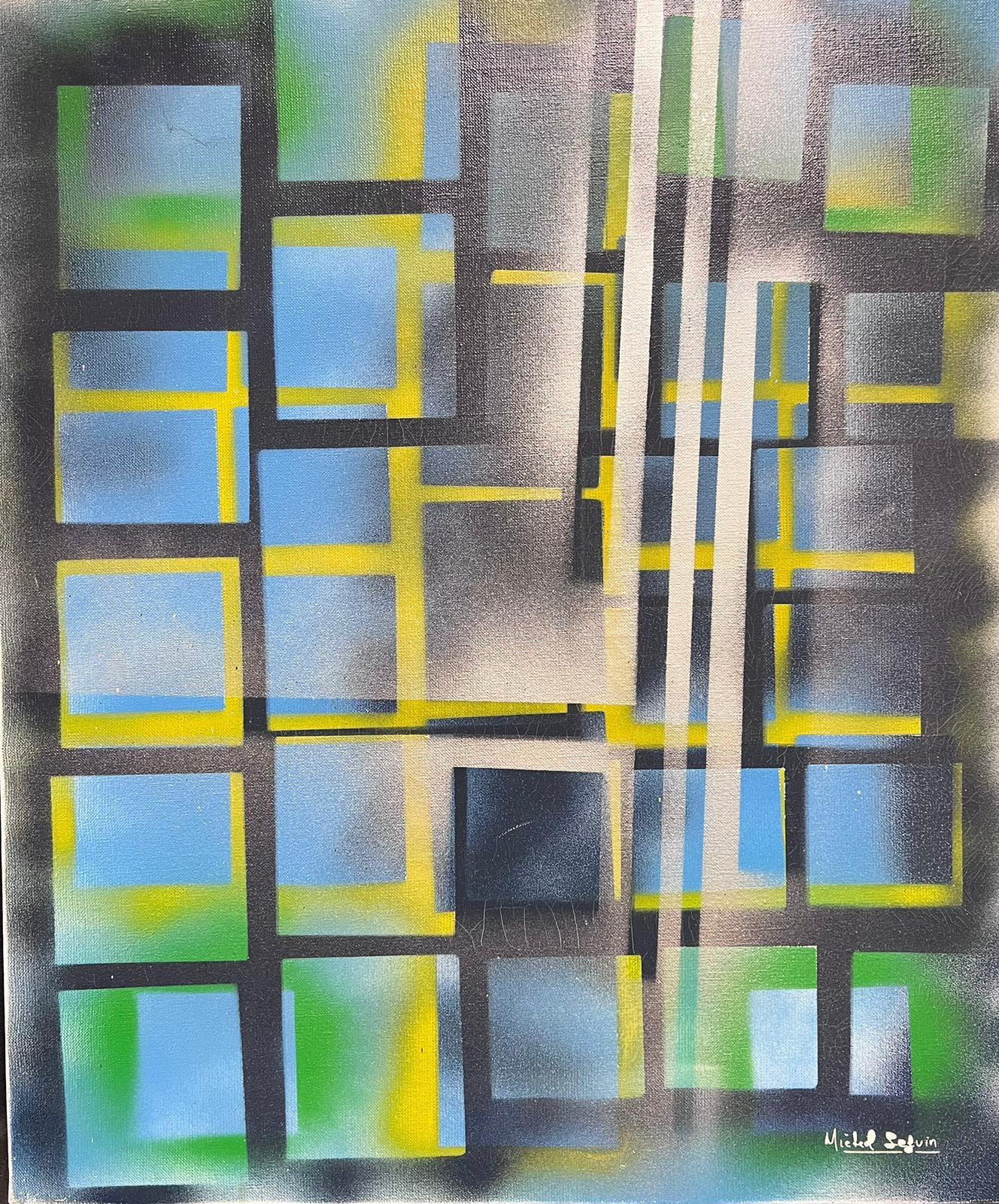 Abstract Painting di Michel Seguin - Grande quadro espressionista astratto francese contemporaneo blu e giallo e grigio
