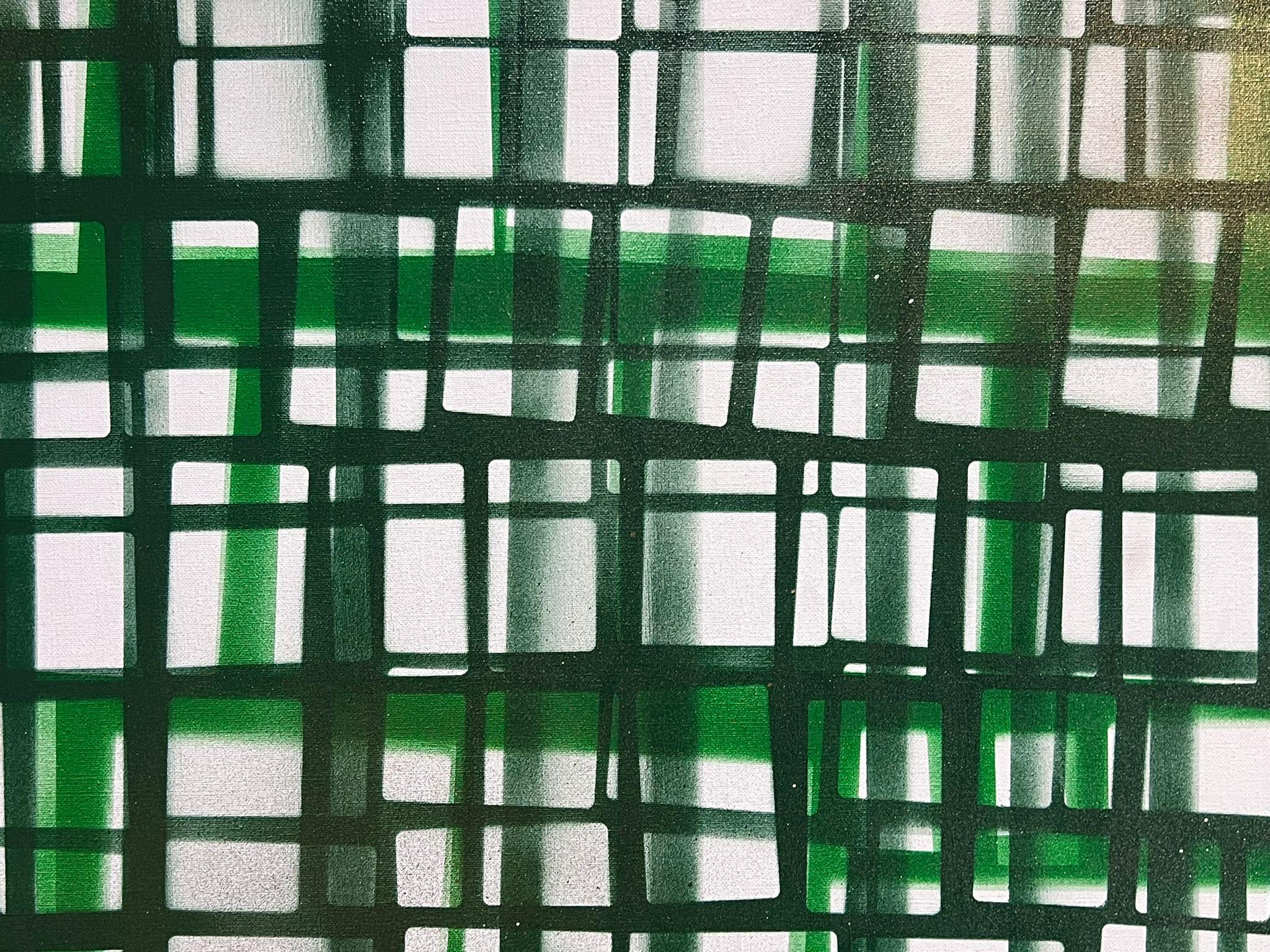 Large French Abstract Expressionist Painting Contemporary Green Squares For Sale 2