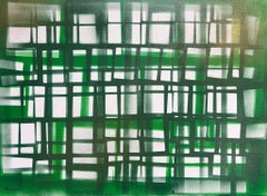 Grande peinture expressionniste abstraite française Contemporary Green Squares