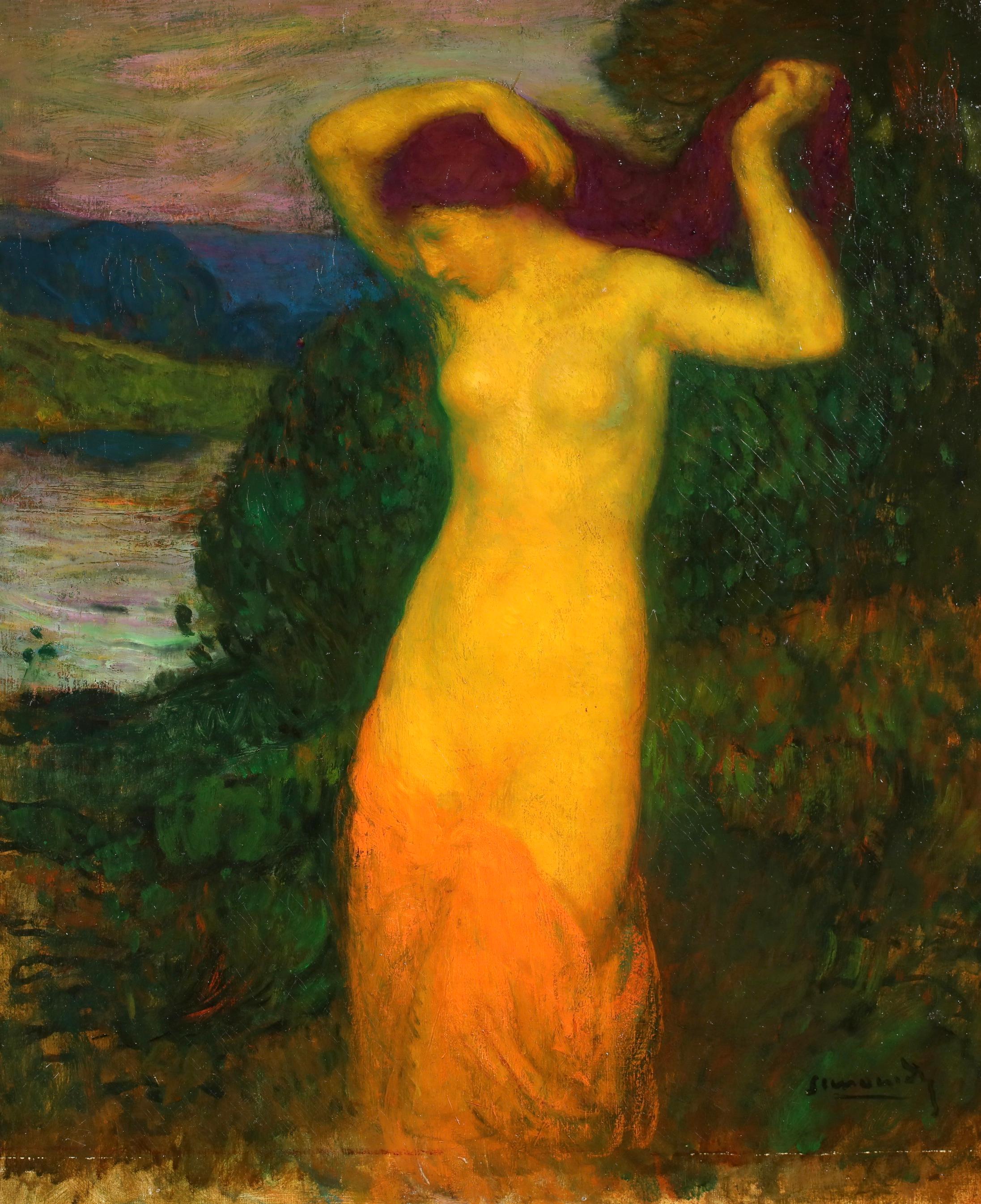 La Baigneuse - Art Nouveau Nude Figure in Landscape Oil by Michel Simonidy 1