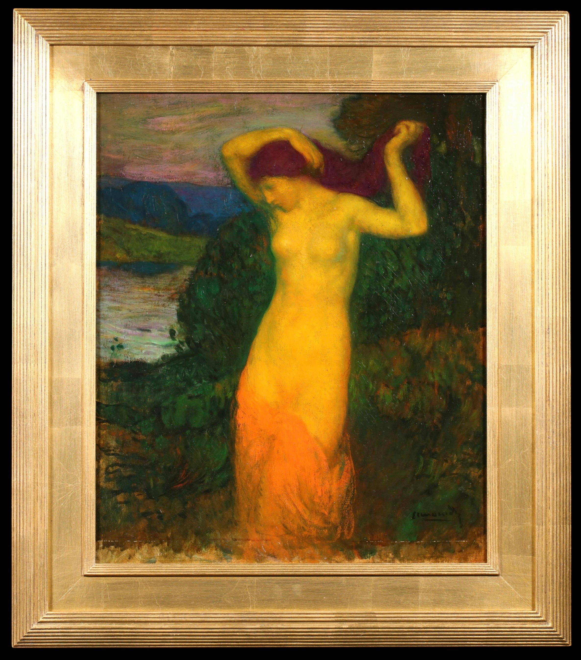 Signed Art Nouveau oil on canvas portrait of a figure in landscape circa 1905 by Romanian painter Michel Simonidy. The piece depicts a nude bather on the bank of the river in the evening.

Signature:
Signed lower right

Dimensions:
Framed: