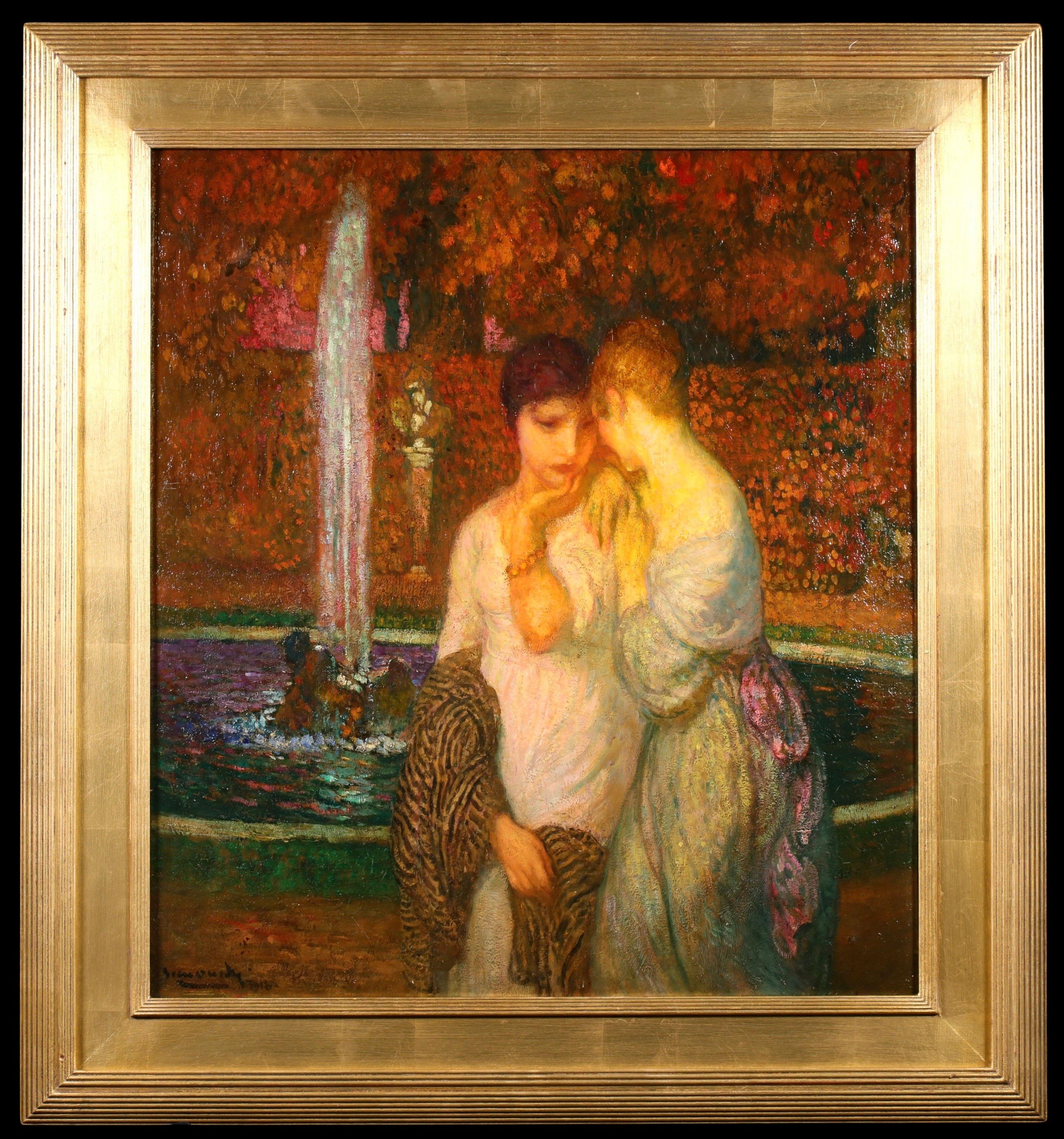 Le Secret - Art Nouveau Figures in Landscape Oil Painting by Michel Simonidy