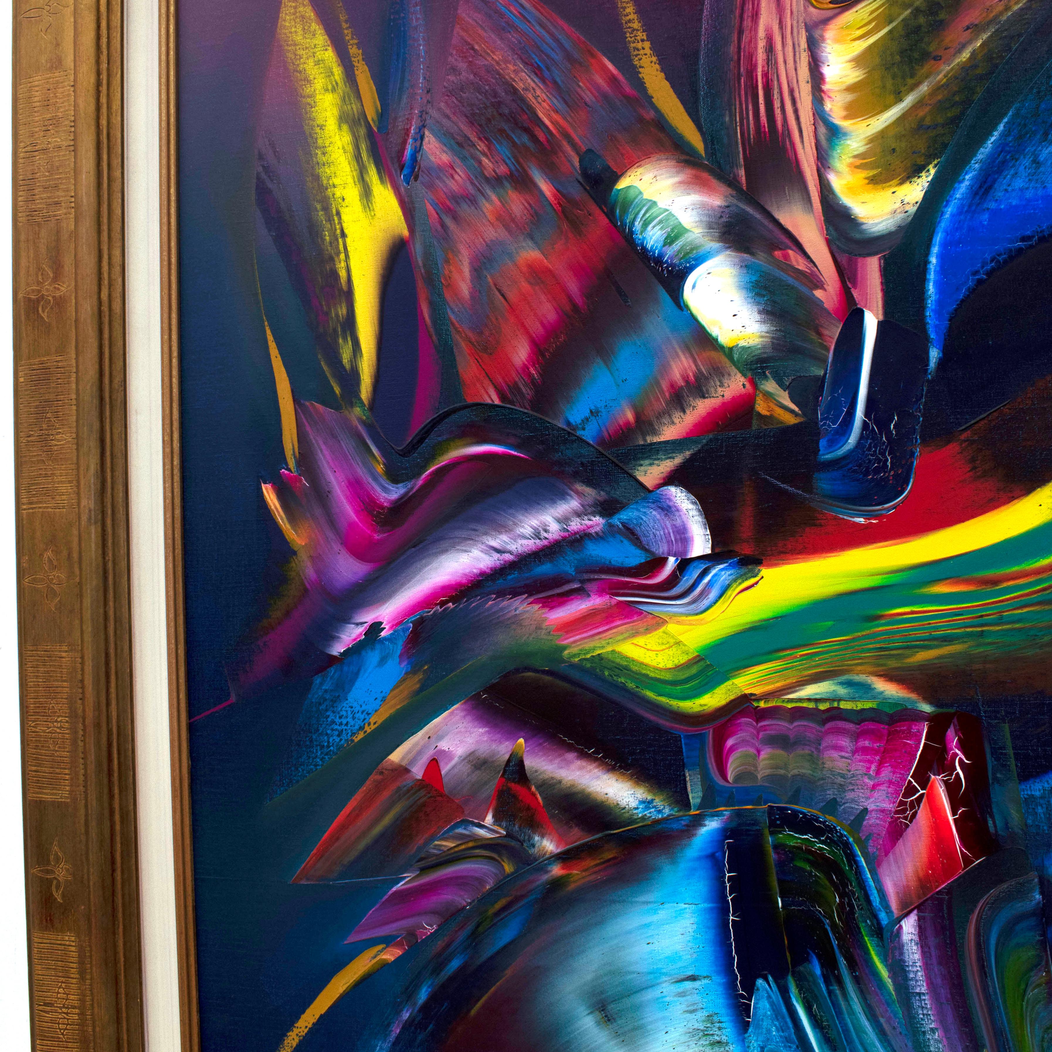 Michel Versi Untitled Contemporary Oil on Canvas Large Painting

- Brown Hand Carved Wooden Frame Included 
- Textured artwork created with oil paints on canvas
- Contemporary Piece 
- Signed 