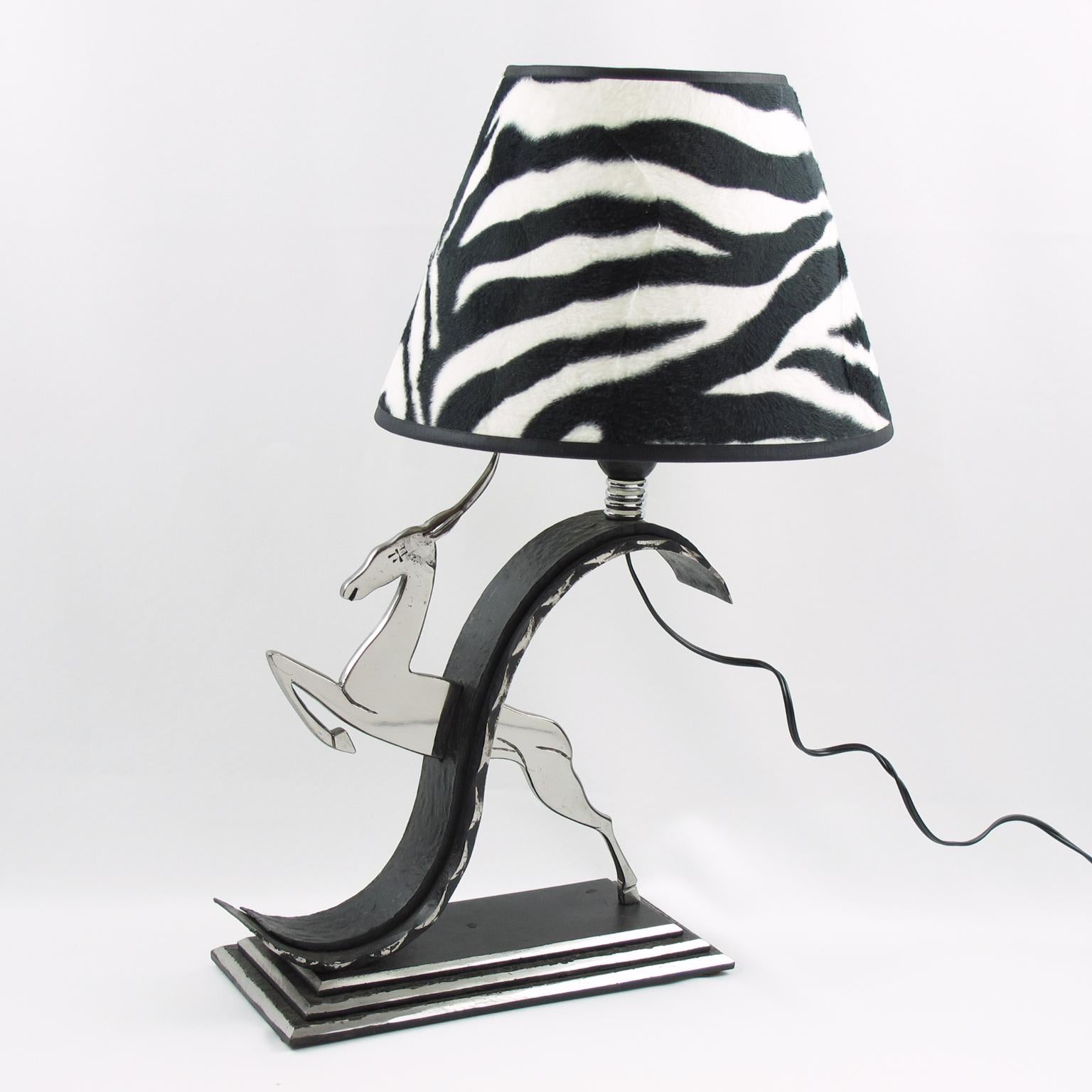 Early 20th Century Michel Zadounaisky Art Deco Antelope Wrought Iron and Chrome Table Lamp For Sale