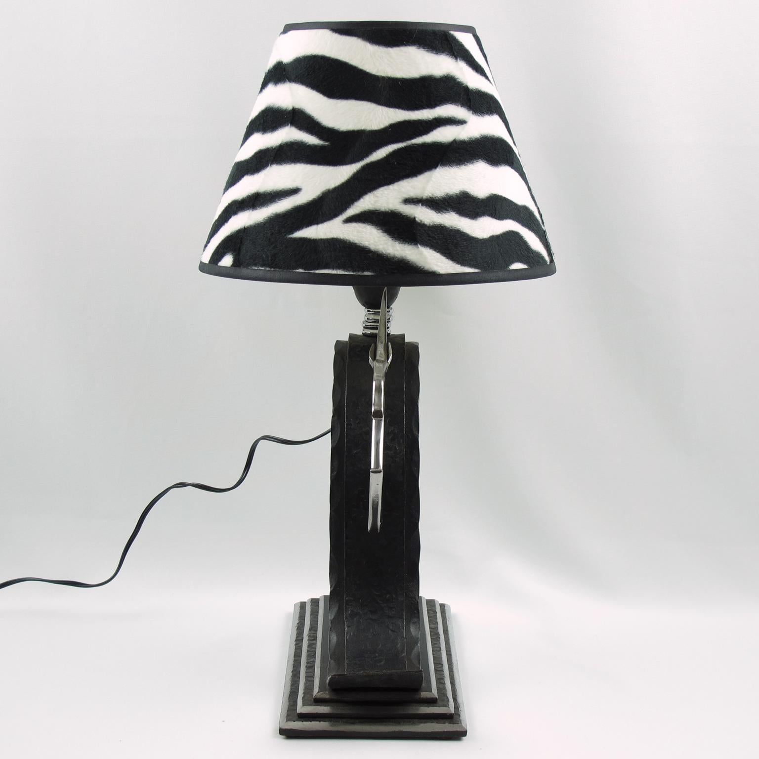 Metal Michel Zadounaisky Art Deco Antelope Wrought Iron and Chrome Table Lamp For Sale