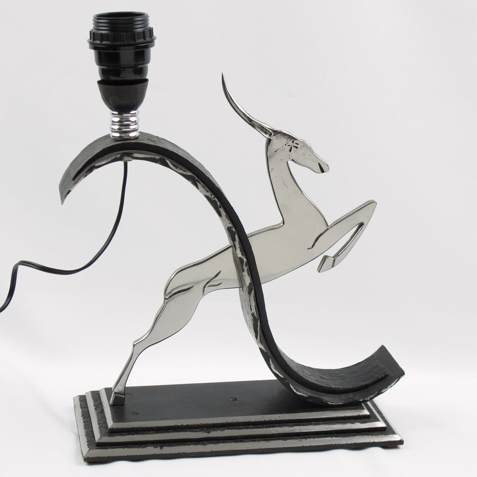 Michel Zadounaisky Art Deco Antelope Wrought Iron and Chrome Table Lamp For Sale 1