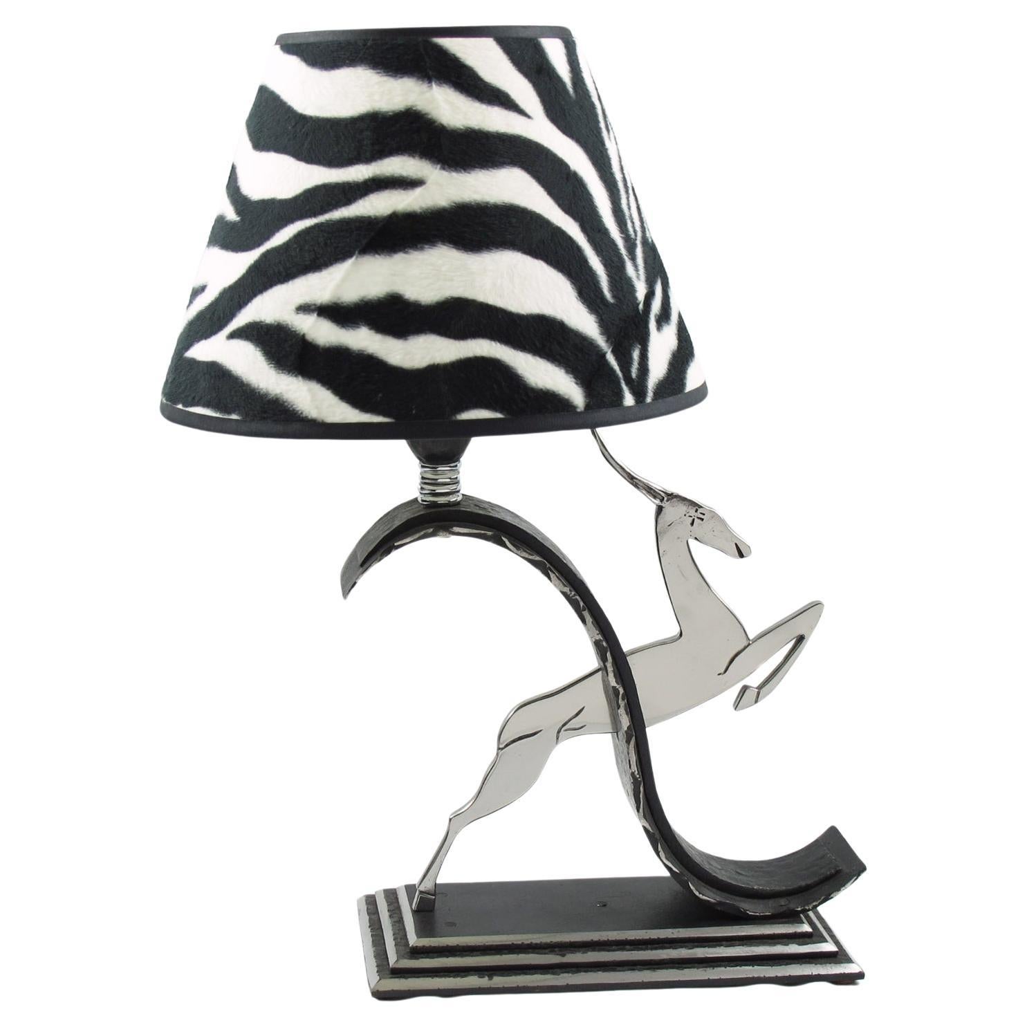 Michel Zadounaisky Art Deco Antelope Wrought Iron and Chrome Table Lamp For Sale