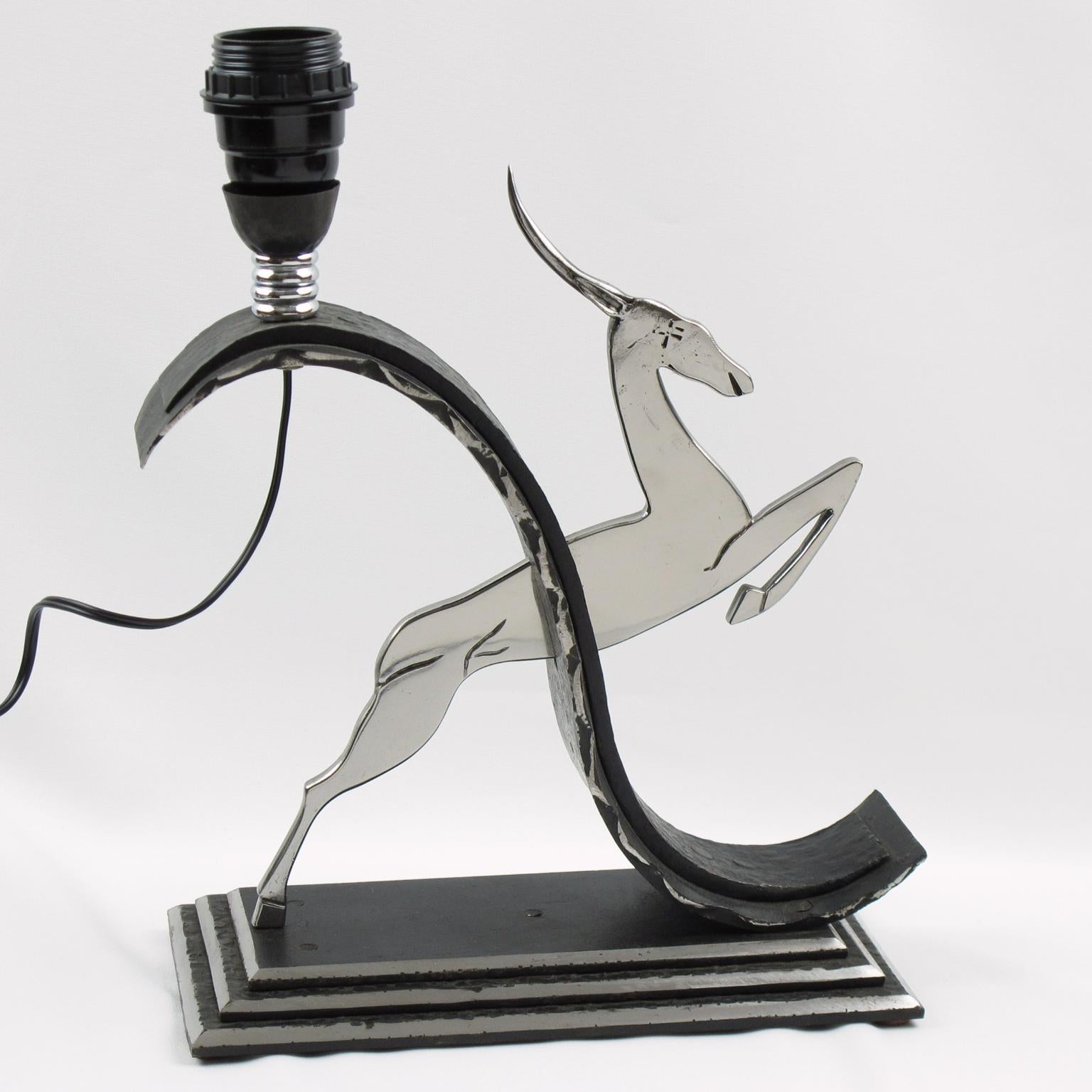 Michel Zadounaisky Art Deco Antelope Wrought Iron Table Lamp, circa 1930 For Sale 2