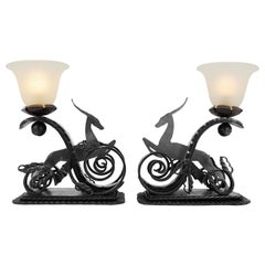 Michel Zadounaïsky French Art Deco Pair of Wrought-Iron Antelope Lamps, 1930s