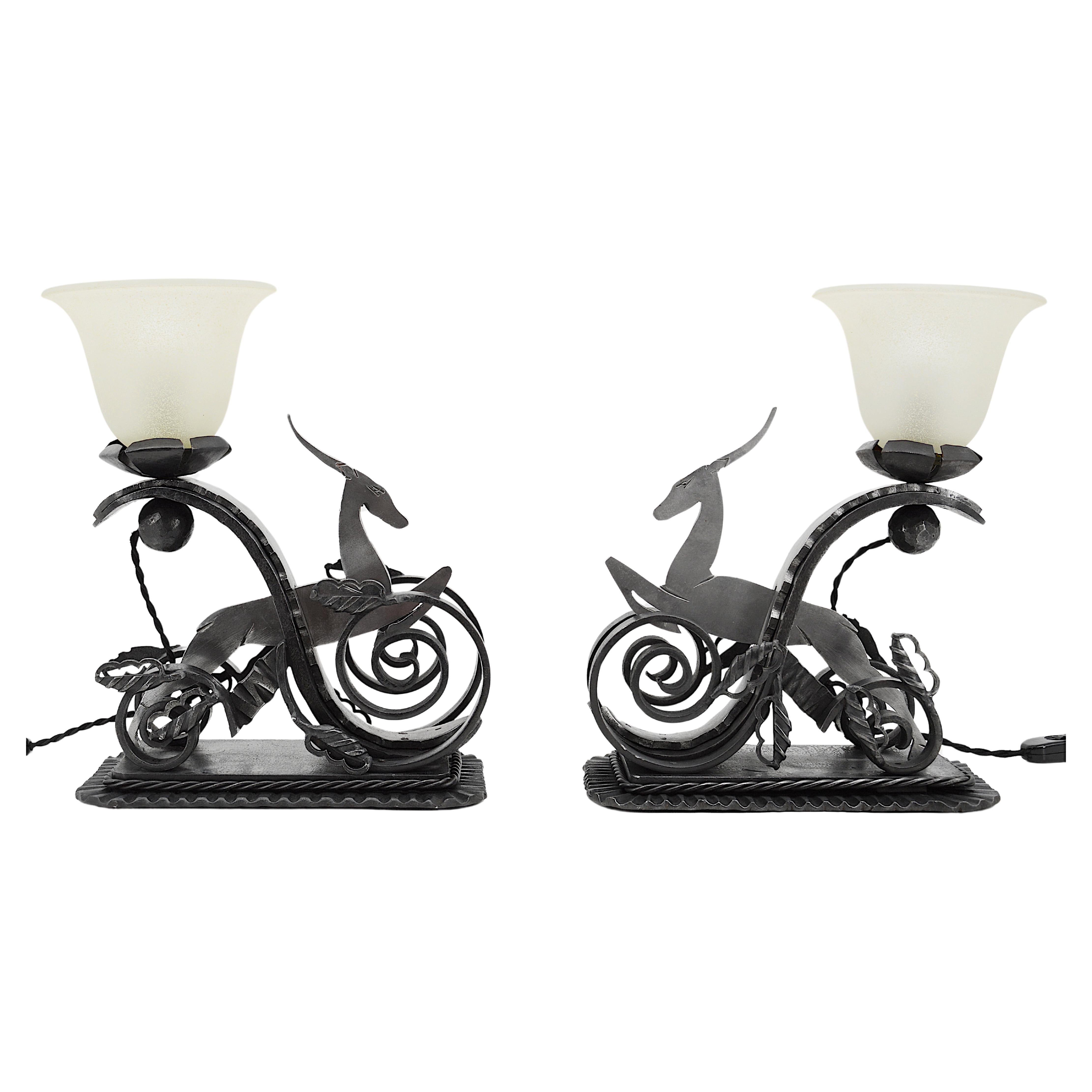 Michel Zadounaïsky French Art Deco Pair of Wrought-Iron Antelope Lamps, 1930s