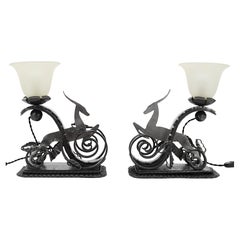 Michel Zadounaïsky French Art Deco Pair of Wrought-Iron Antelope Lamps, 1930s