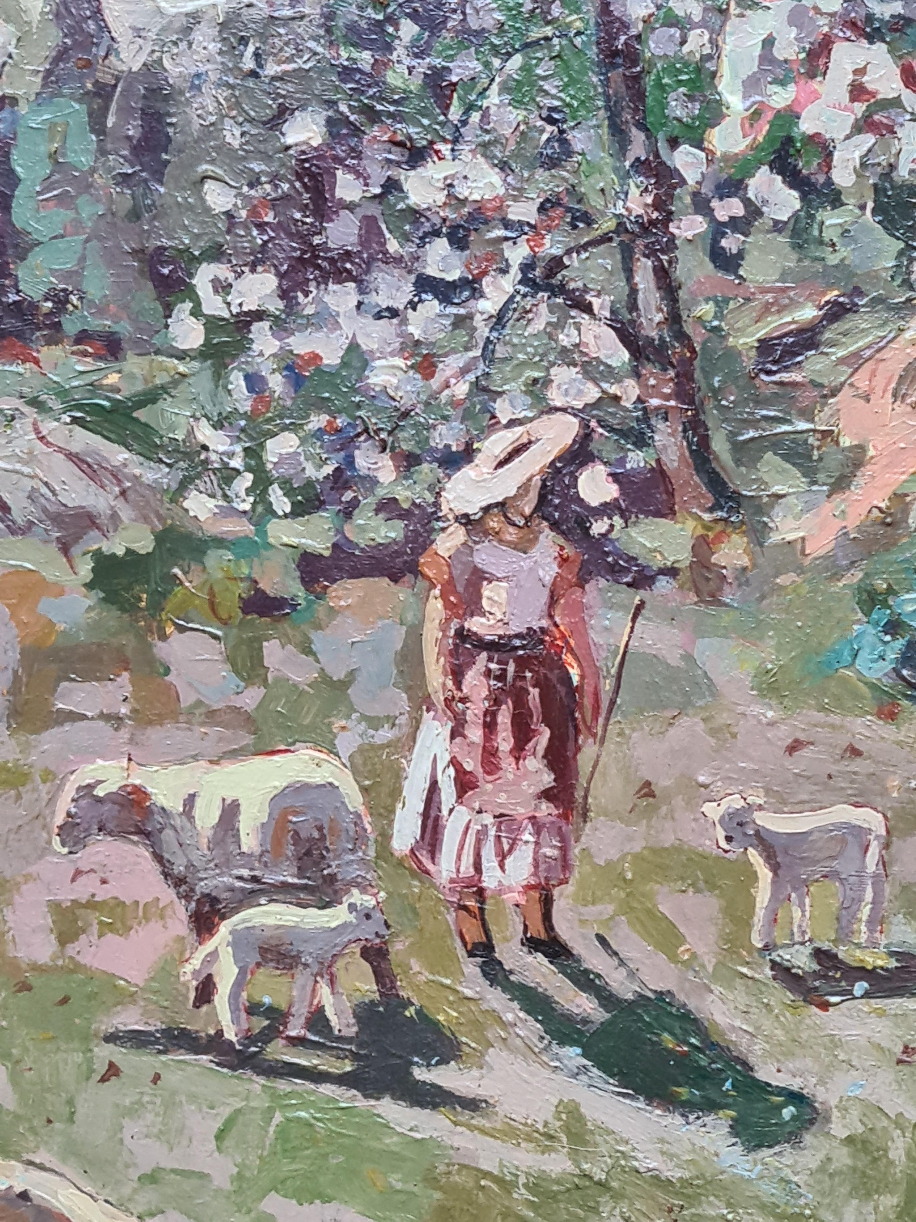 French Mid Century oil on panel landscape view of blossom and lambs by Michel Zimmermann. The painting is signed and located bottom right and titled and signed to the back board. Presented in a fine gilded Regence frame.

An enchanting painting of a