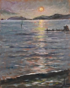 Coucher de soleil à Marina di Carrara - Peinture à l'huile de Michelangelo Cupisti - années 2000