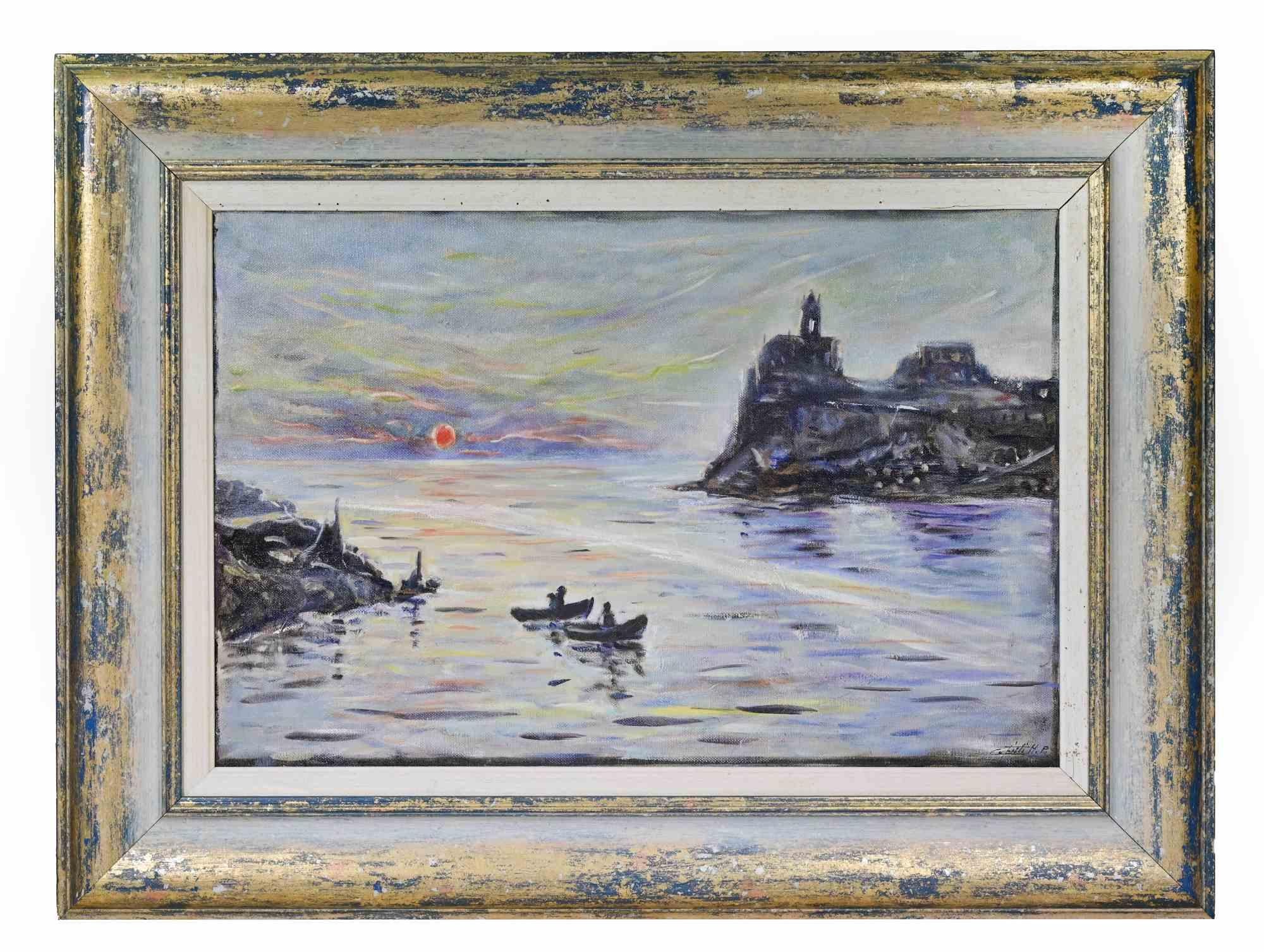 Sunset in Porto Venere - Oil Painting by Michelangelo Cupisti - 1997 For Sale 1