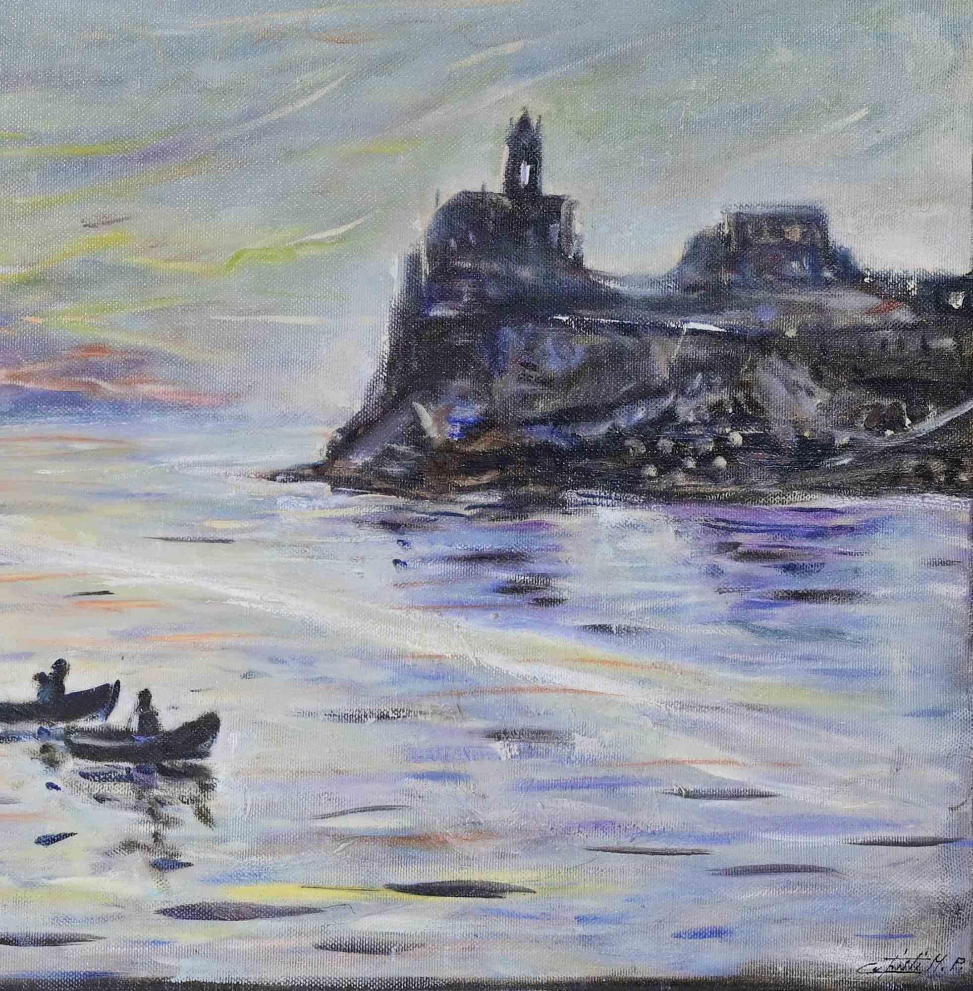 Sunset in Porto Venere - Oil Painting by Michelangelo Cupisti - 1997 For Sale 3