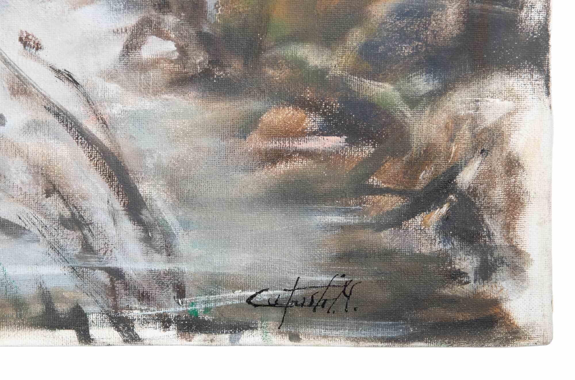 Le lac en hiver - Peinture à l'huile de Michelangelo Cupisti - années 1990 en vente 2