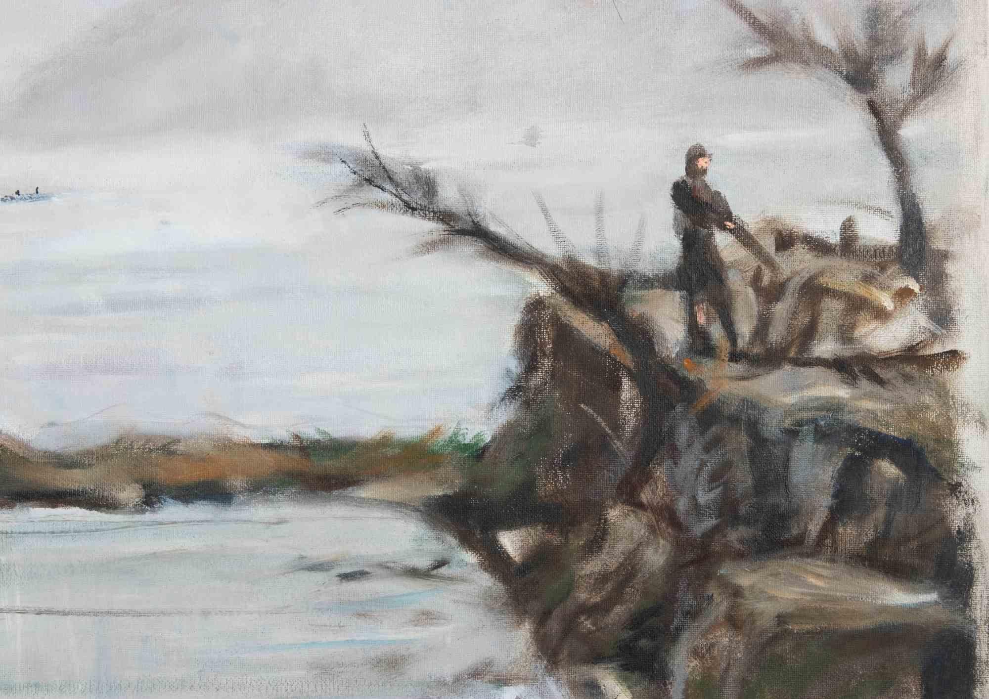 Le lac en hiver - Peinture à l'huile de Michelangelo Cupisti - années 1990 en vente 3