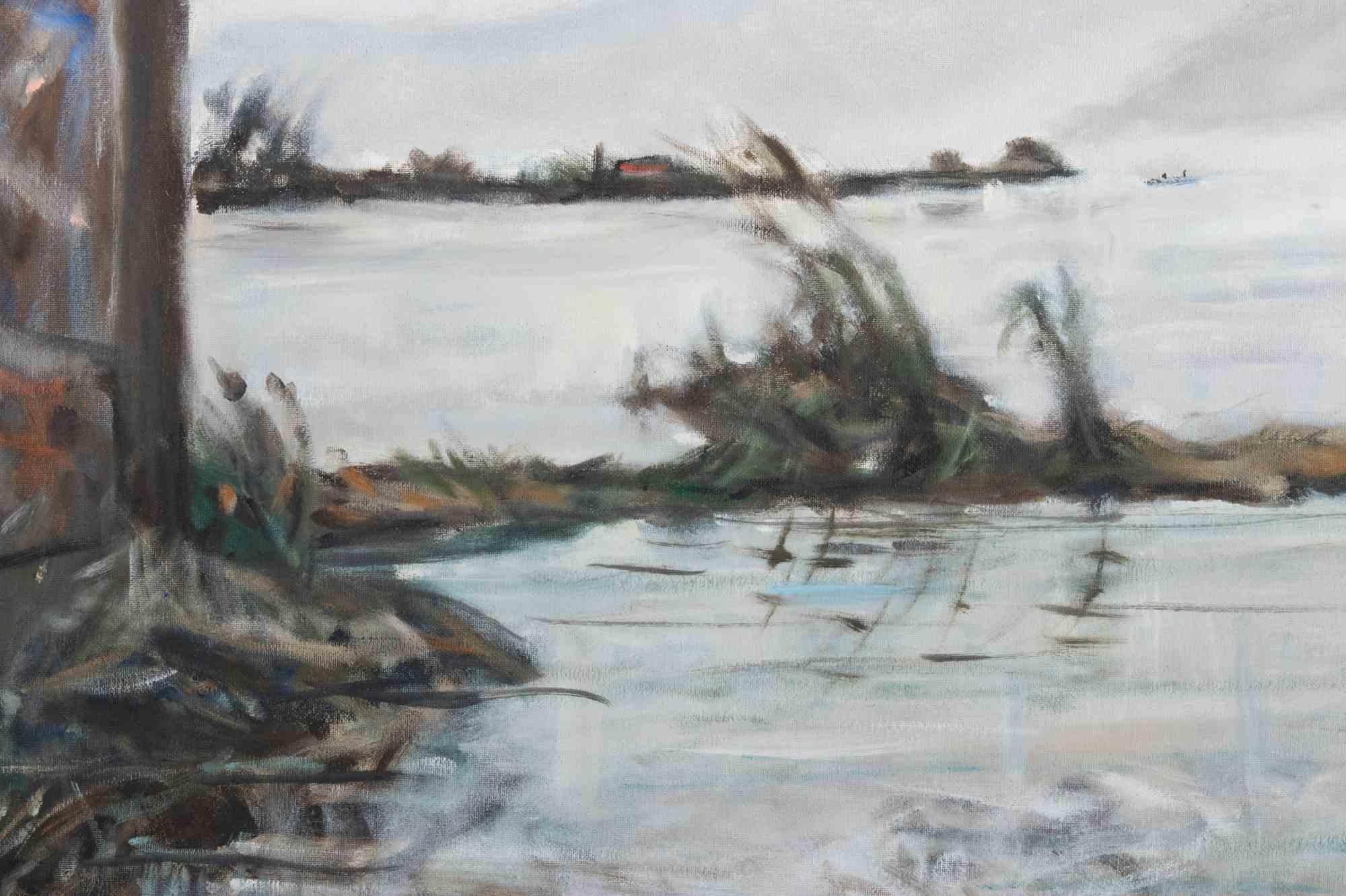 Le lac en hiver - Peinture à l'huile de Michelangelo Cupisti - années 1990 en vente 4