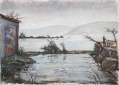 Le lac en hiver - Peinture à l'huile de Michelangelo Cupisti - années 1990