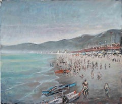 Plage de la Versilia en juin - Peinture à l'huile de Michelangelo Cupisti - 1990