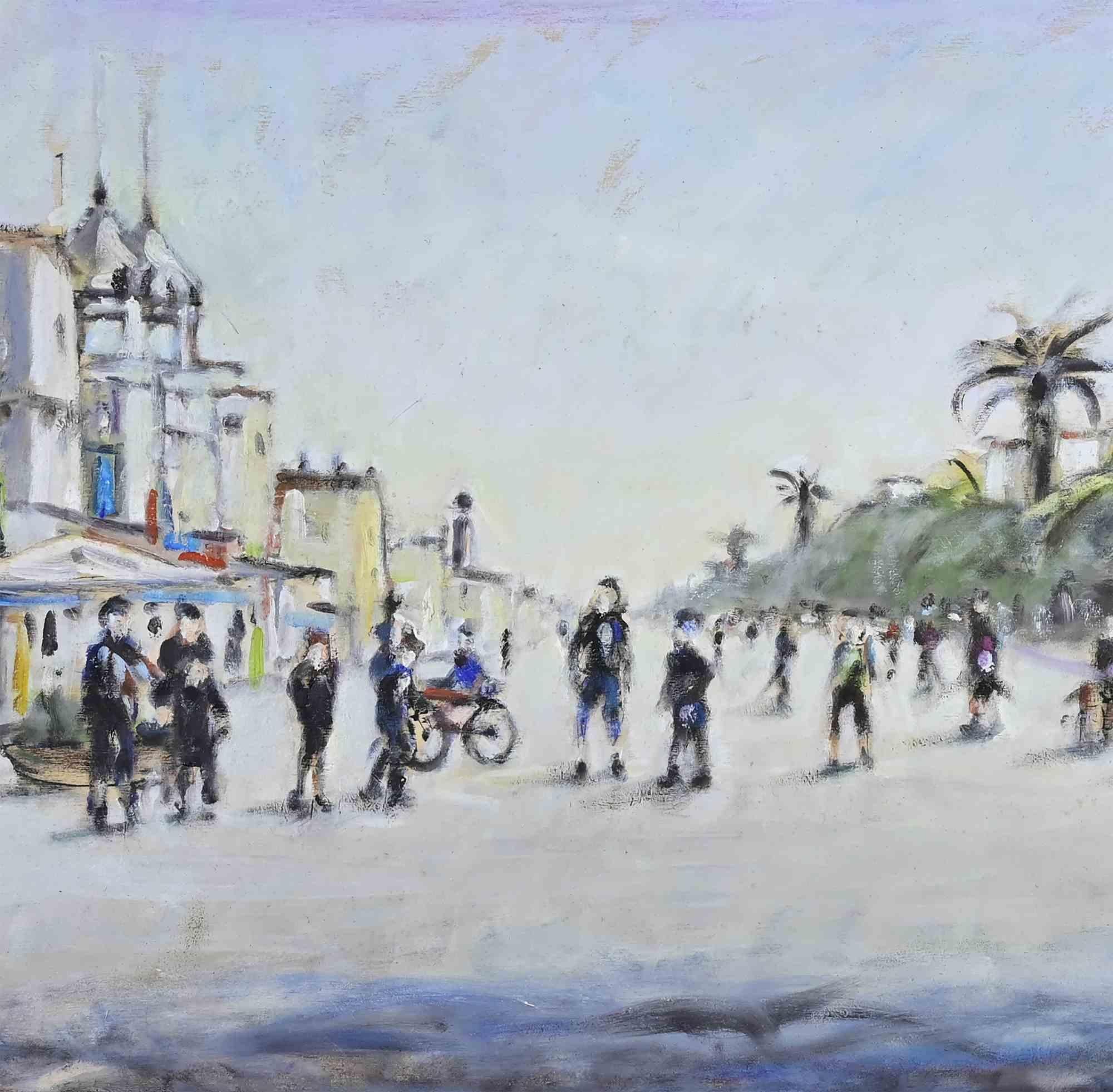 View of Viareggio (The Promenade) - Oil Painting by Michelangelo Cupisti - 1990s For Sale 1