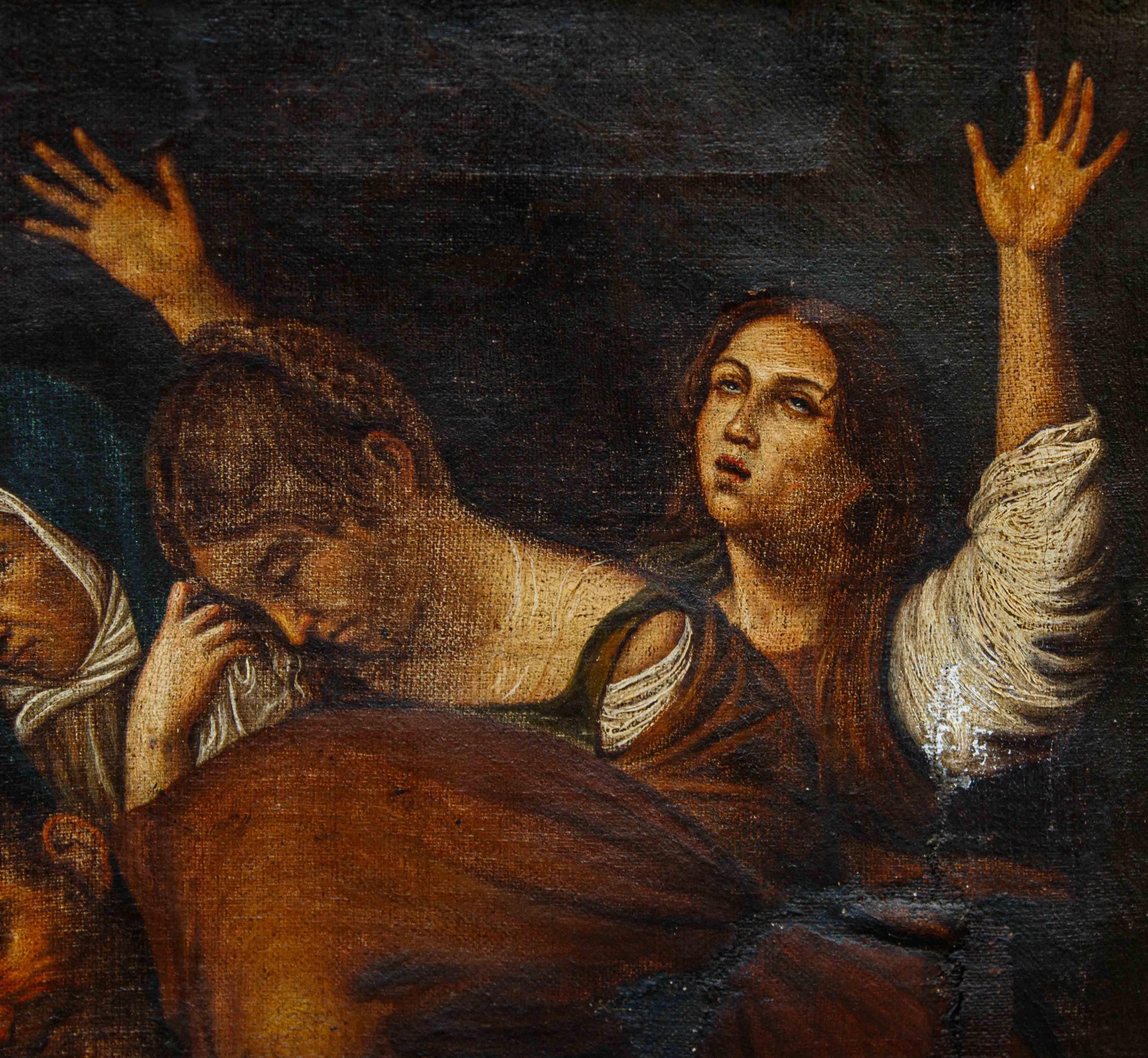 19th century, from Caravaggio

Deposition of Christ

Oil on canvas, 53 x 42 cm 

Framed, 66 x 54 cm 

The work under consideration, an oil on canvas set within a gilded frame, recovers the famous iconographic model of The Deposition, considered one