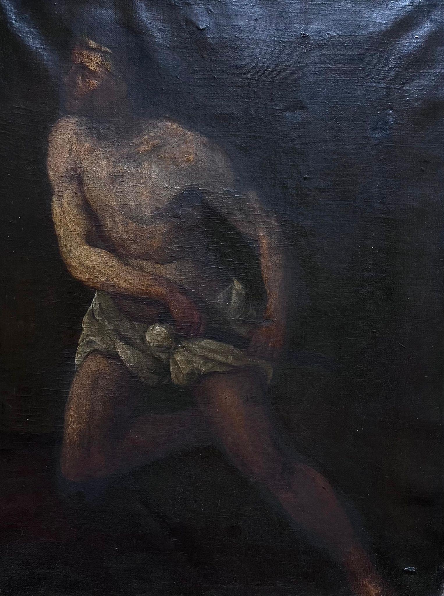 Early 17th Century Italian Old Master Semi Nude Man with Dagger oil painting - Painting by Michelangelo Merisi da Caravaggio