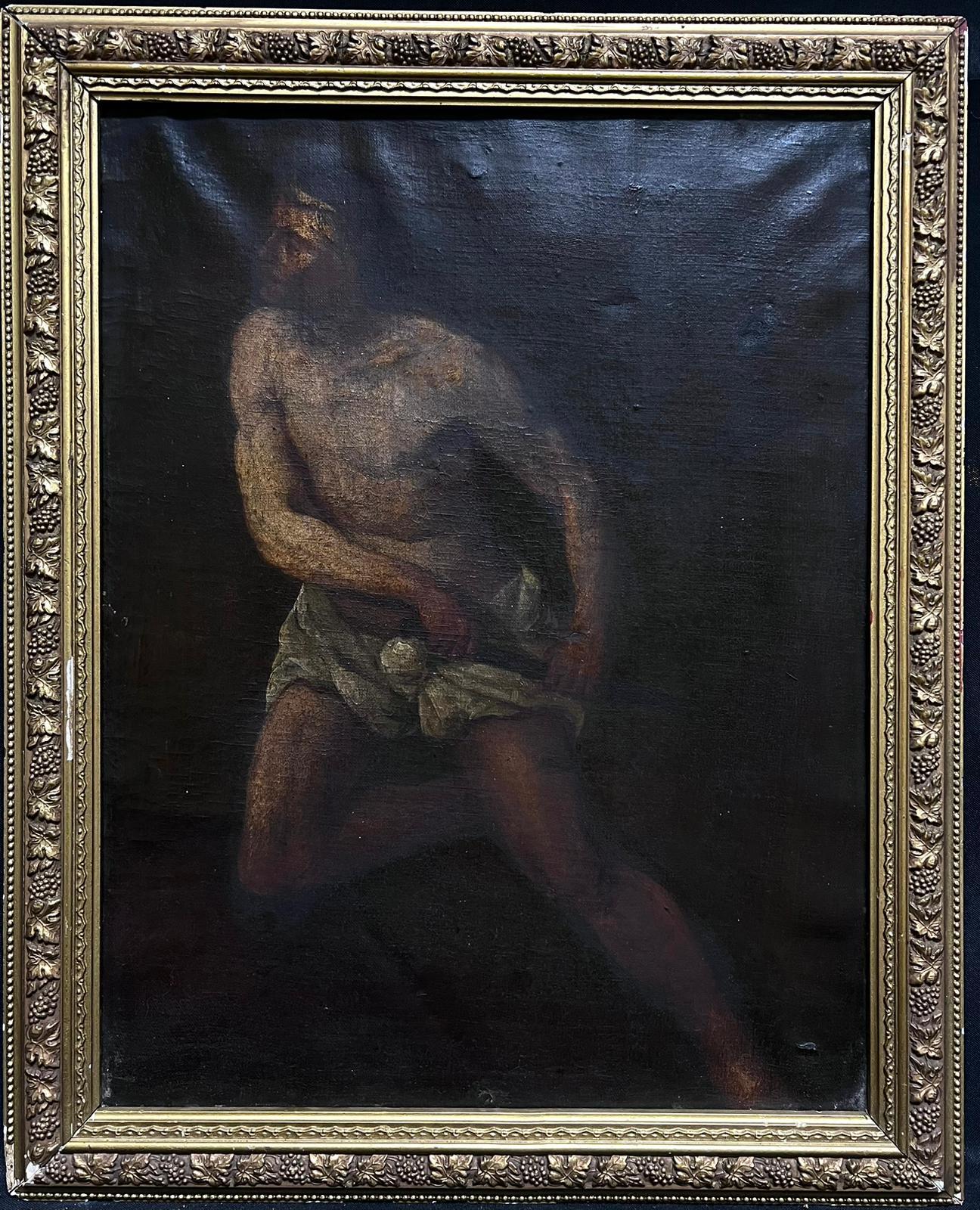 Michelangelo Merisi da Caravaggio Portrait Painting – Italienischer alter Meister des frühen 17. Jahrhunderts, halbakt, Mann mit Dagger, Ölgemälde
