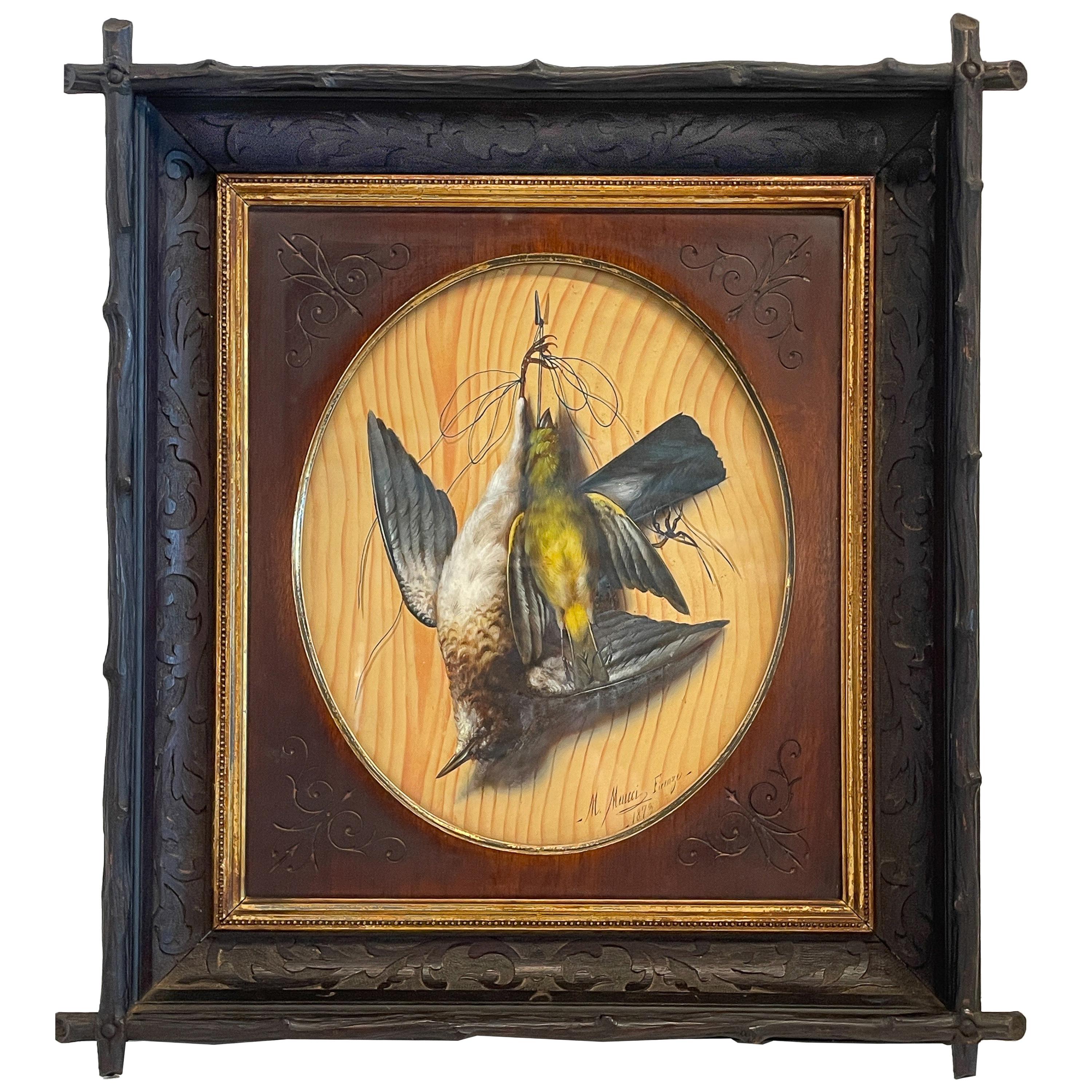 A fine pair of antique Italian oil on panel paintings Nature Morte of two pairs of gamebirds, in the Trompe-l'oeil style, by Michelangelo Meucci (1840-1909), signed & dated Firenze 1873.
     
Trompe l'oeil is an artistic term for the highly