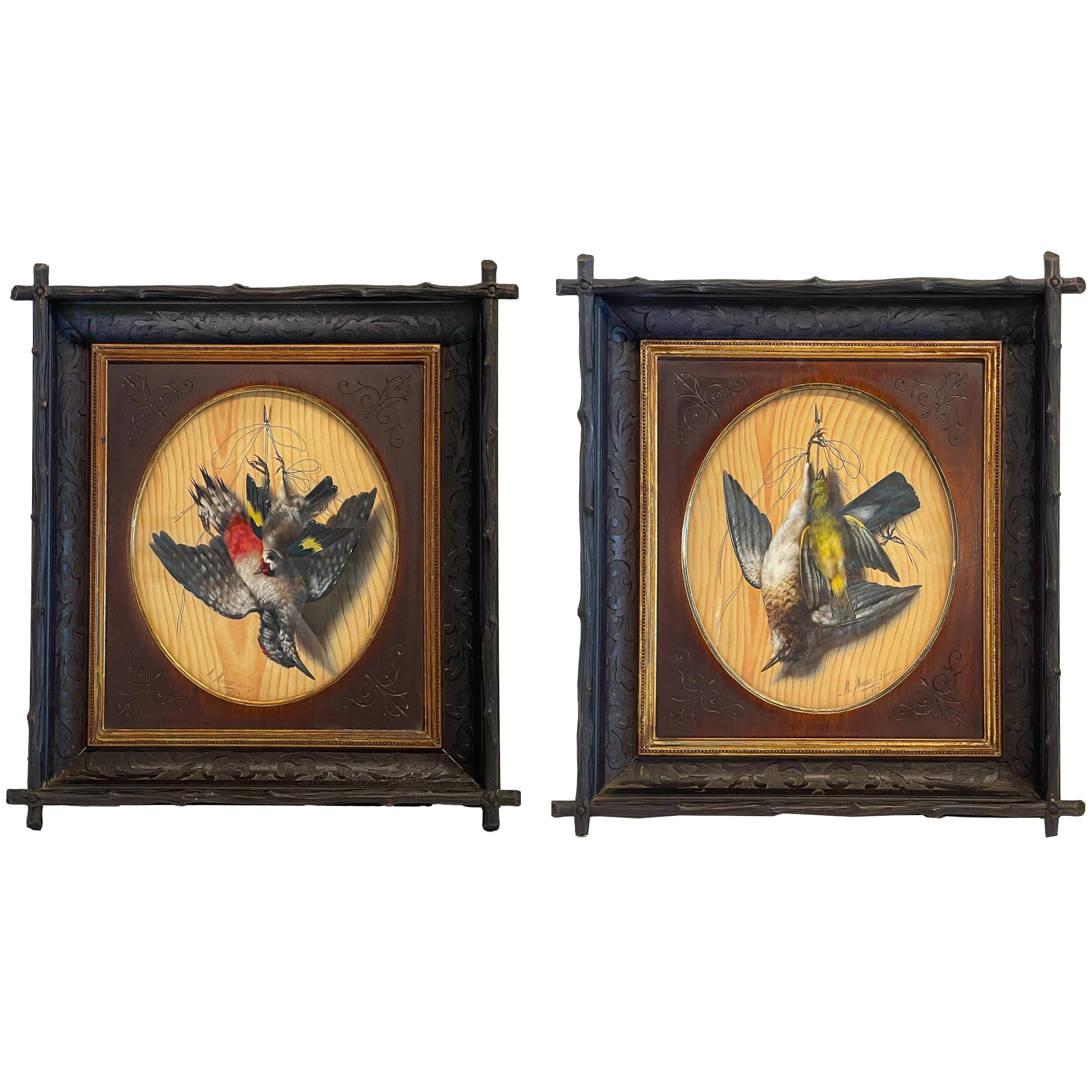 Michelangelo Meucci Animal Painting - Pair Italian Still Life Trompe-l'œil Oil Paintings Dead Birds Firenze Italy 1873