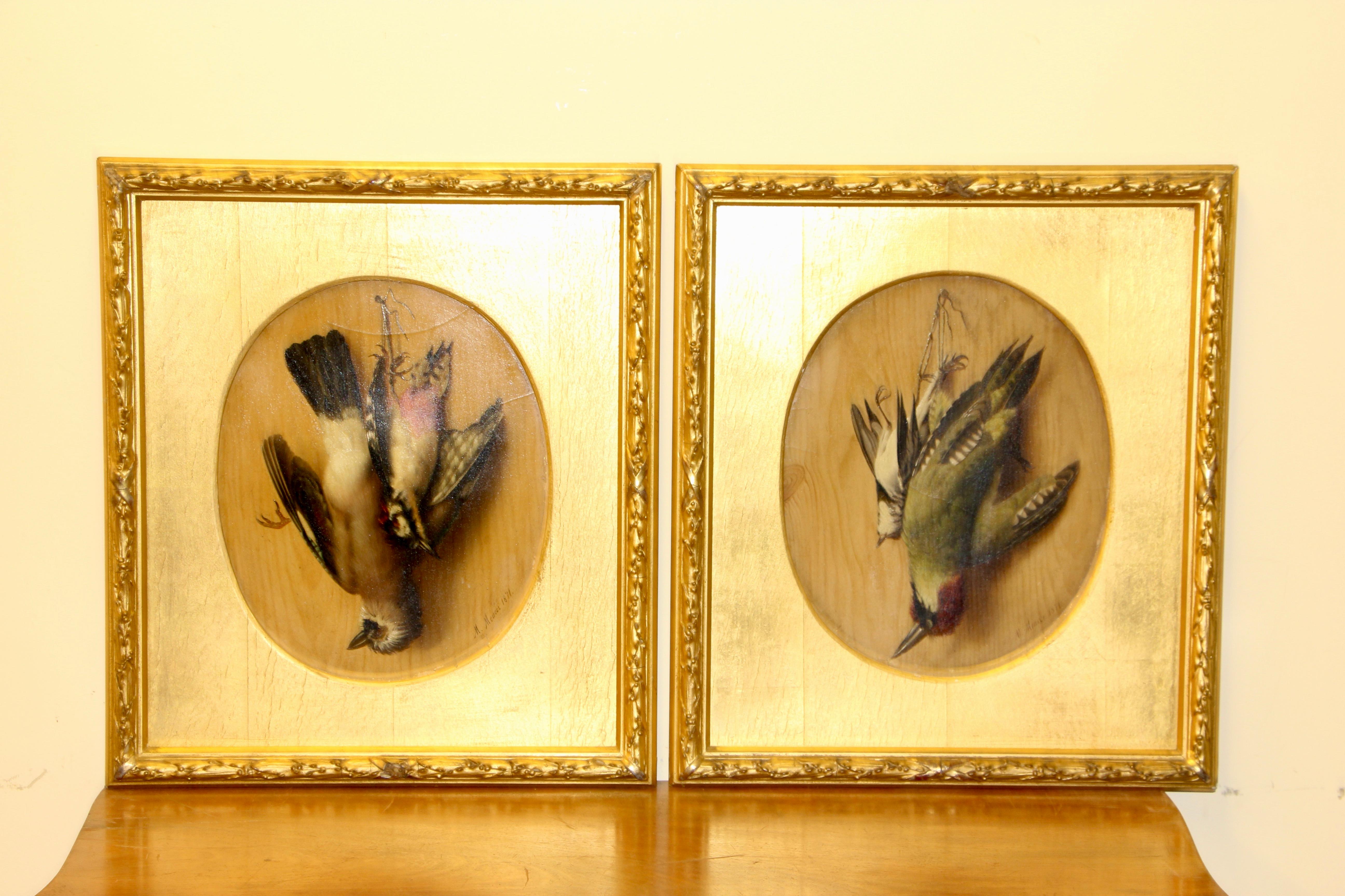 Pair of Bird Still Lifes 1871 by Michelangelo Meucci, Oil on Cardboard For Sale 2
