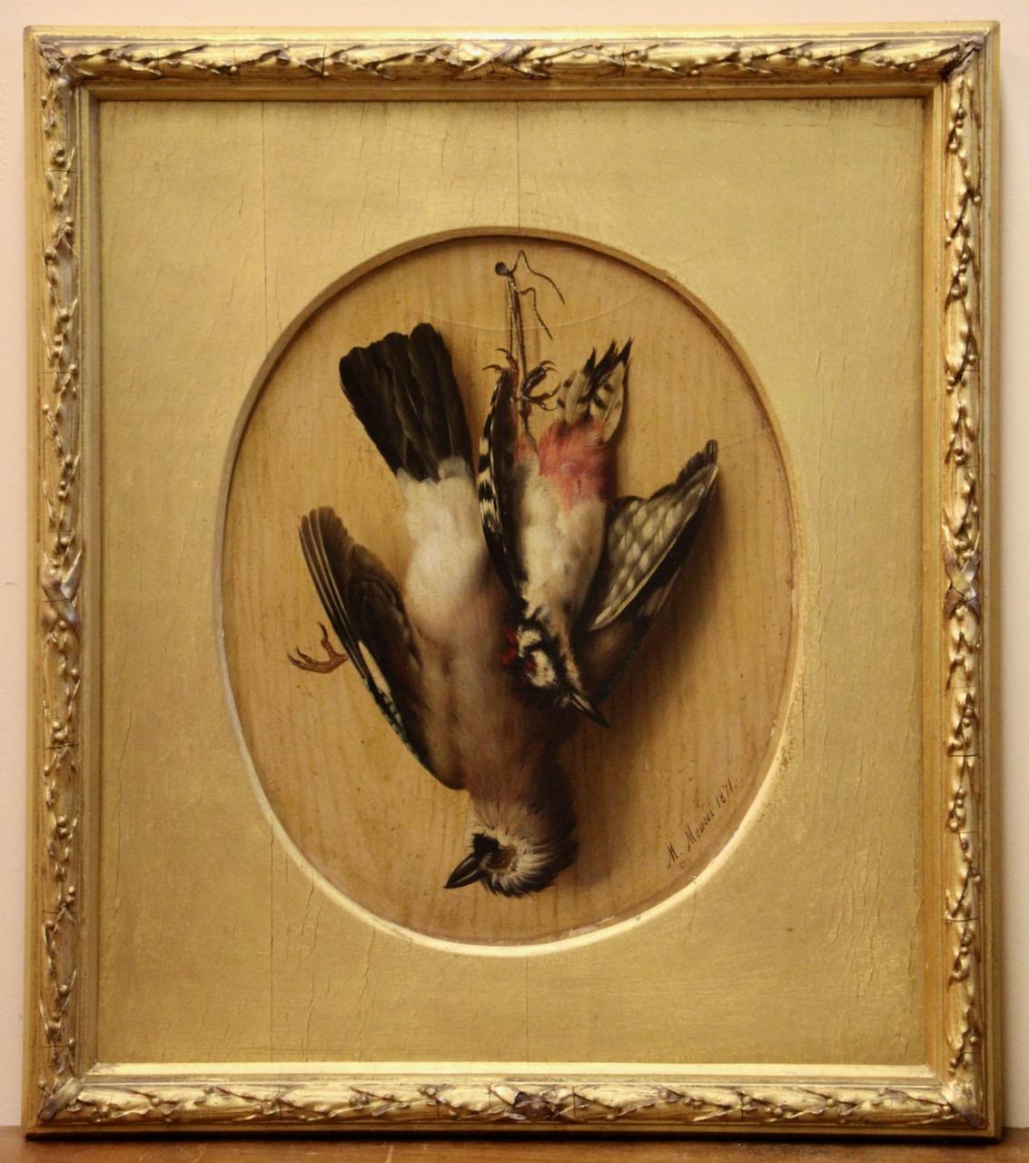 Pair of Bird Still Lifes 1871 by Michelangelo Meucci, Oil on Cardboard For Sale 3