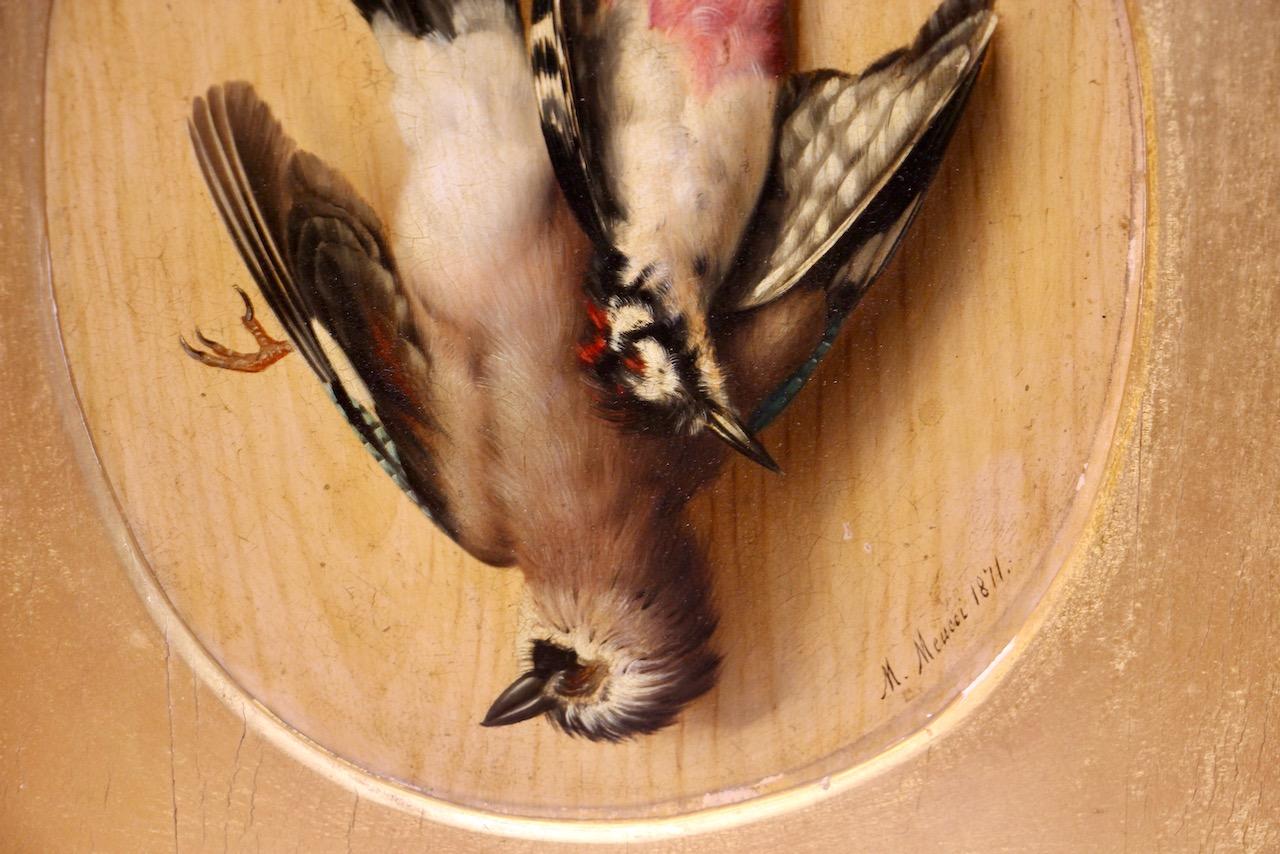 Pair of Bird Still Lifes 1871 by Michelangelo Meucci, Oil on Cardboard For Sale 4