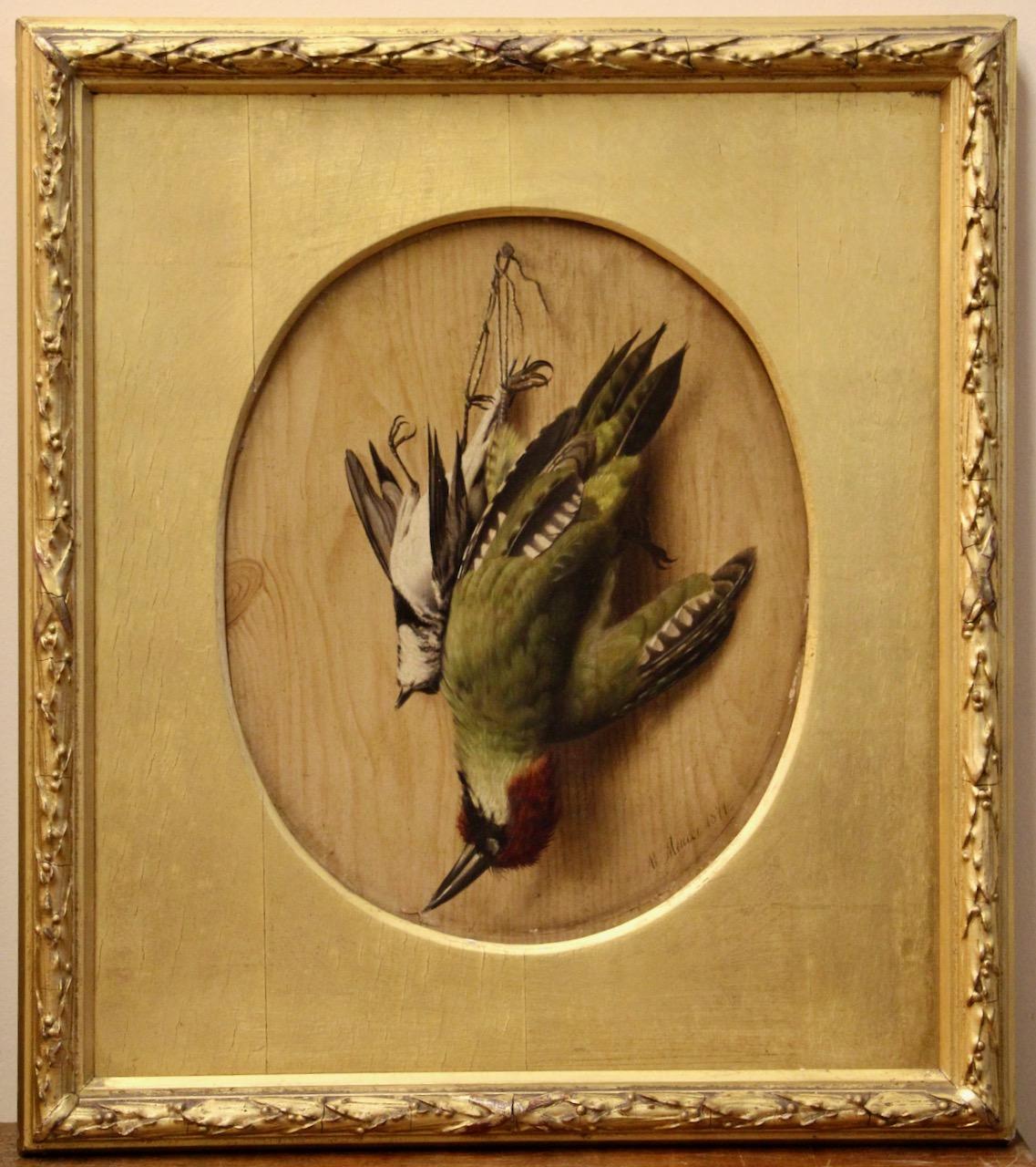Pair of Bird Still Lifes 1871 by Michelangelo Meucci, Oil on Cardboard For Sale 5