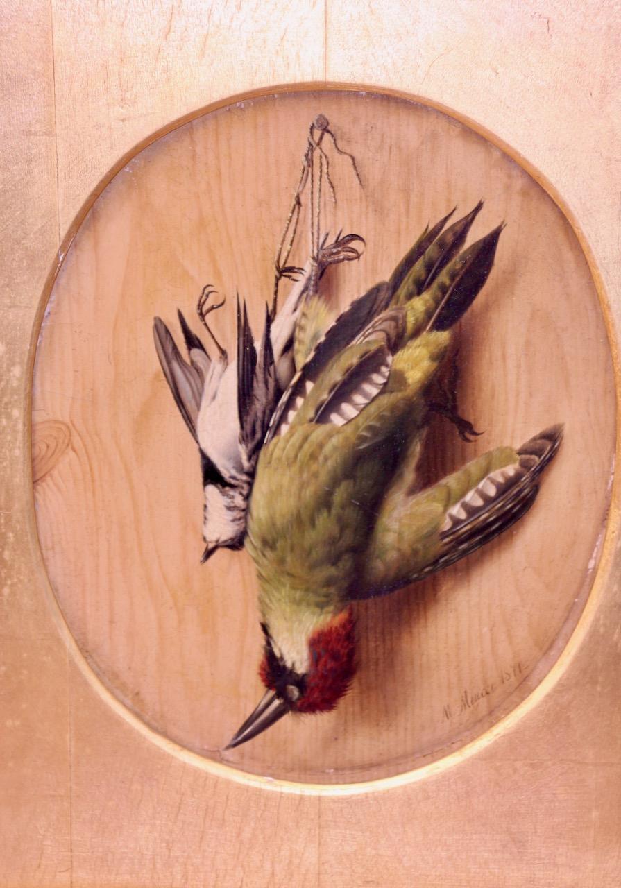 Pair of Bird Still Lifes 1871 by Michelangelo Meucci, Oil on Cardboard For Sale 6