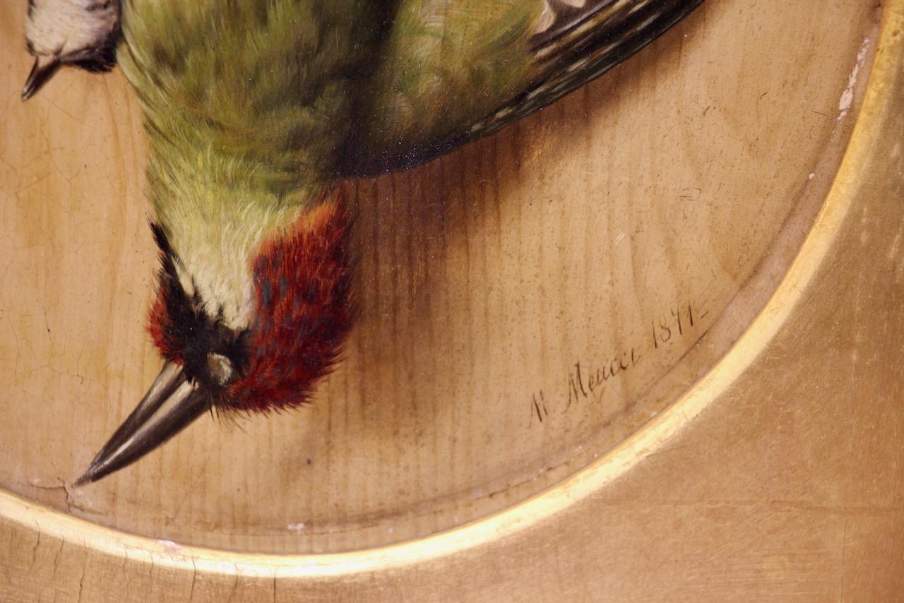 Pair of Bird Still Lifes 1871 by Michelangelo Meucci, Oil on Cardboard For Sale 7