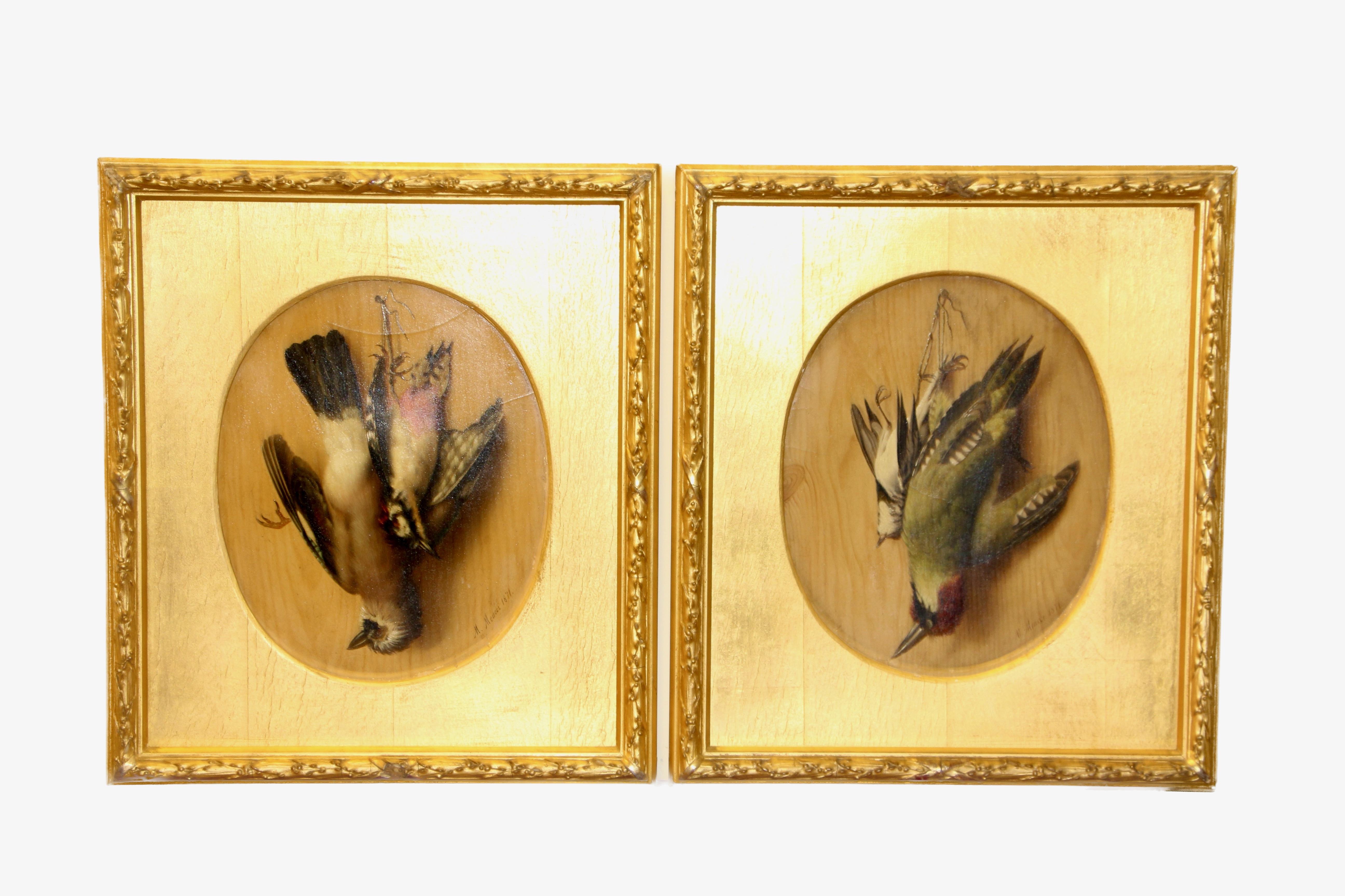 Pair of Bird Still Lifes 1871 by Michelangelo Meucci, Oil on Cardboard For Sale 1