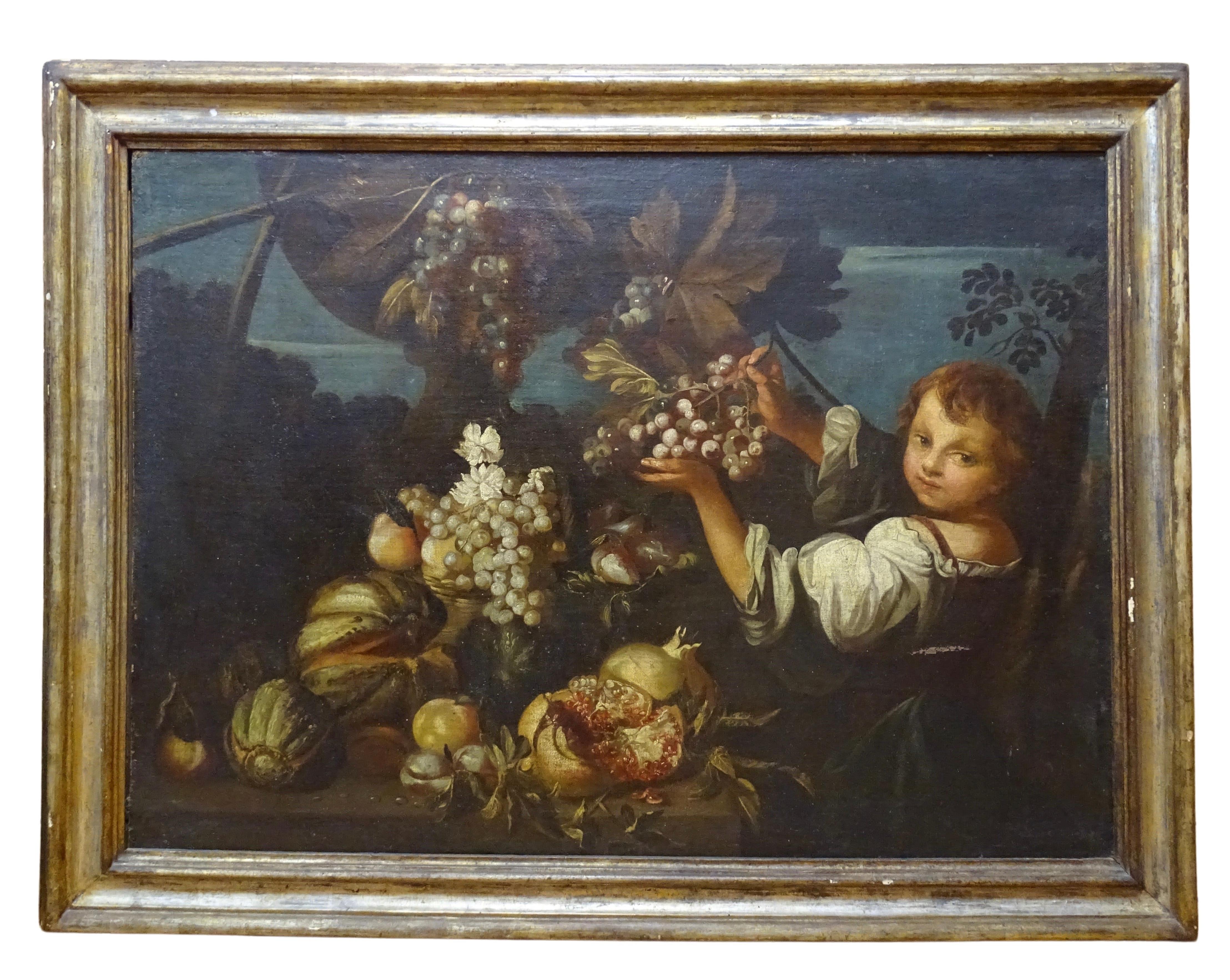 17th Century Baroque Style Italian School Still Life With Figure Oil On Canvas - Painting by Unknown