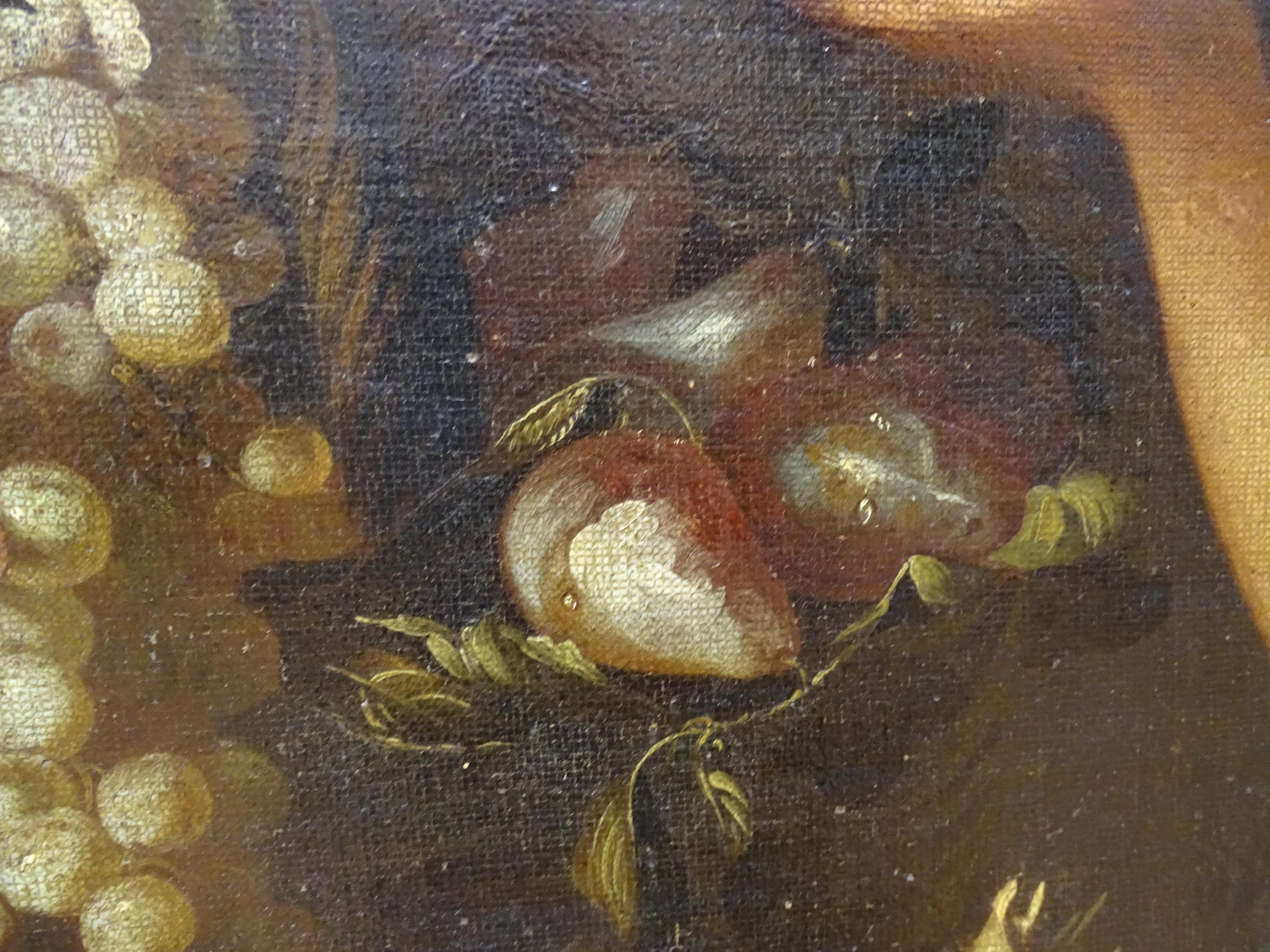 Oil painting on canvas, depicting Still Life with female figure, Italian school of the 17th century.

This splendid composition in Baroque style shows the careful observation of nature by the painter.

The various qualities of the fruit are