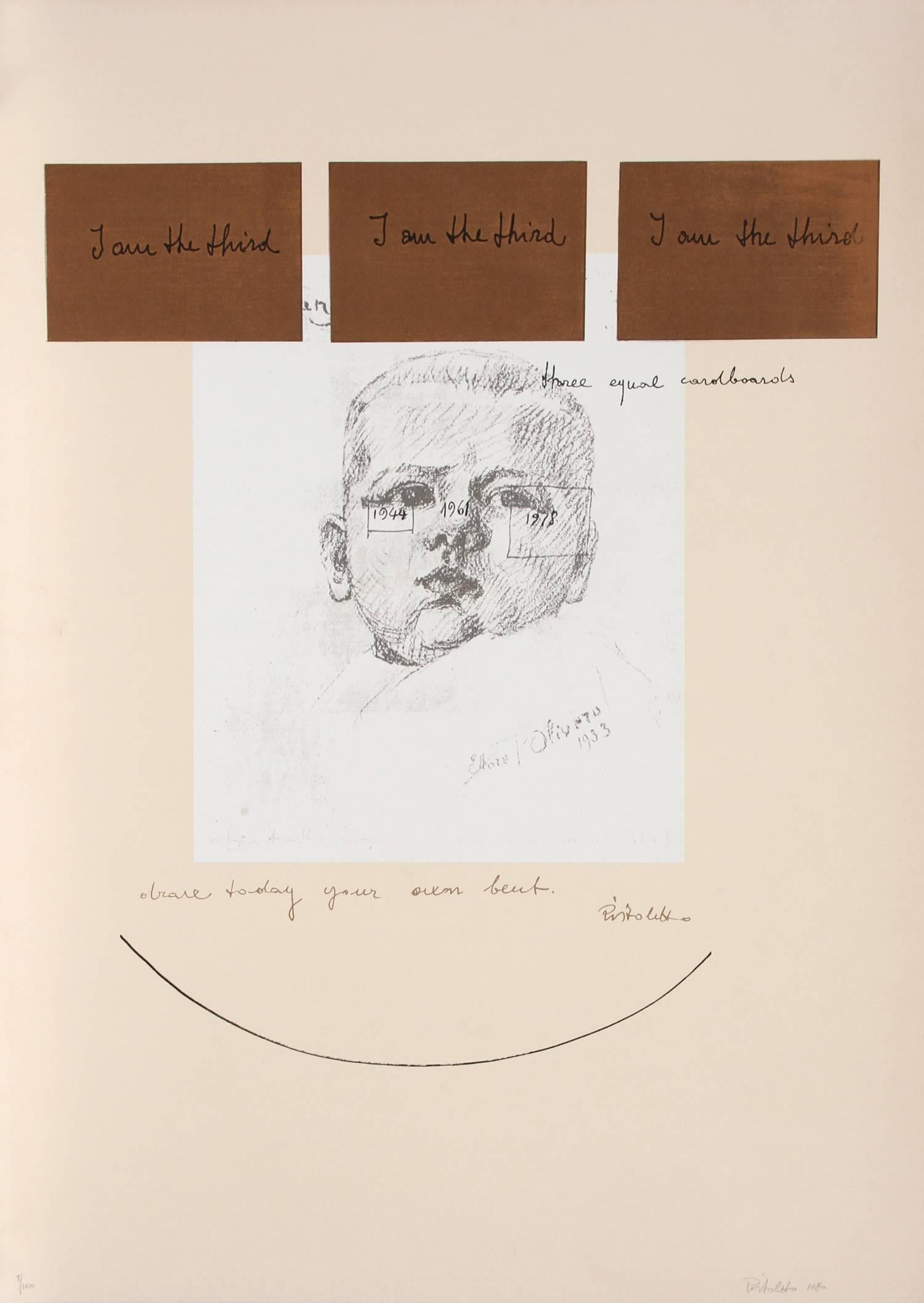 Künstler: Michelangelo Pistoletto, Italiener (1933 - )
Titel: III aus der Reihe Ich bin der Dritte
Jahr: 1980    
Medium: Siebdruck, signiert und nummeriert mit Bleistift
Auflage: 100
Papierformat: 42 x 29 Zoll