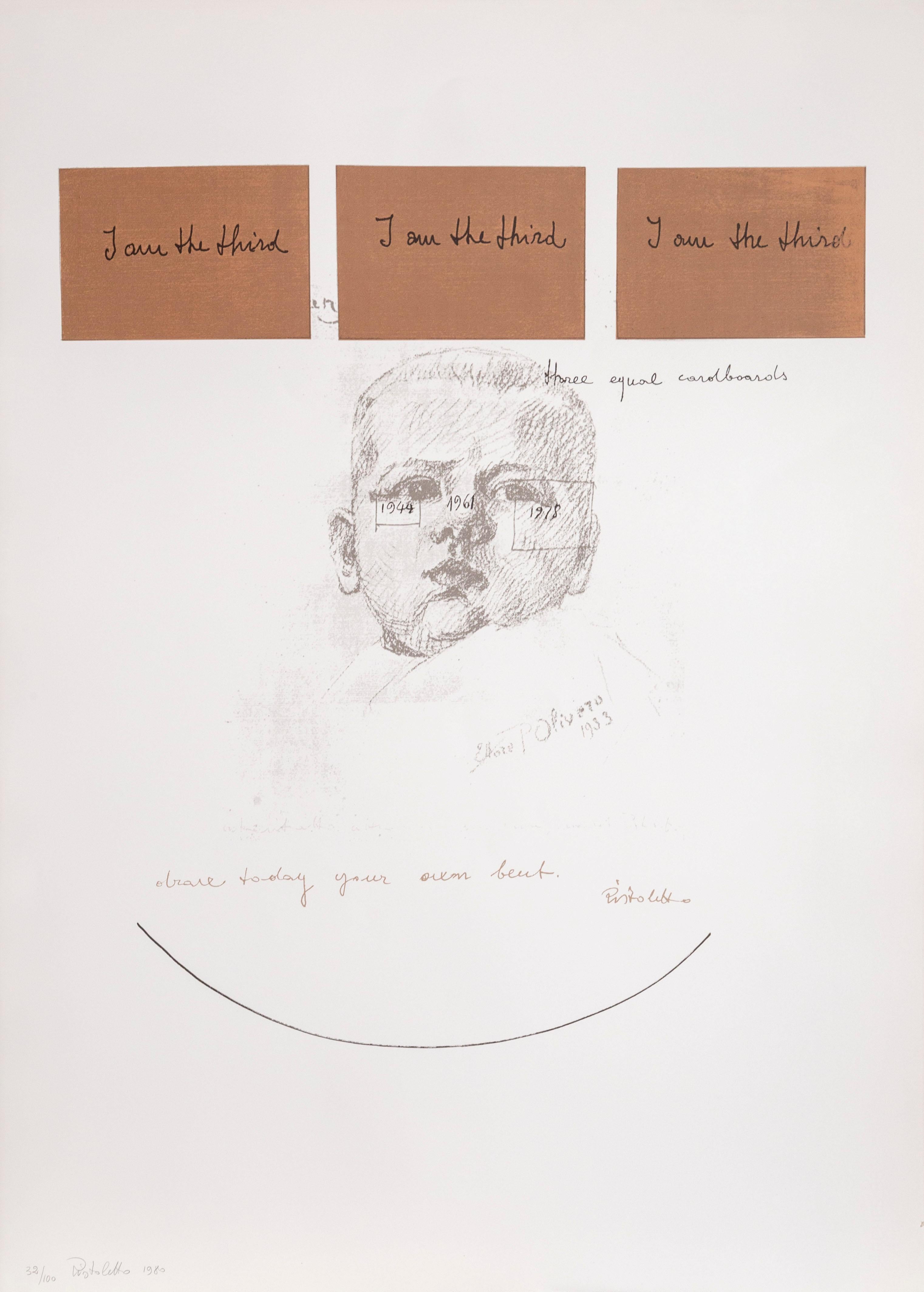 Artista: Michelangelo Pistoletto, italiano (1933 - )
Título: VI de la serie Yo soy Tercero
Año: 1980    
Medio: Serigrafía, firmada y numerada a lápiz
Edición: 100
Tamaño del papel: 42 x 29 pulgadas