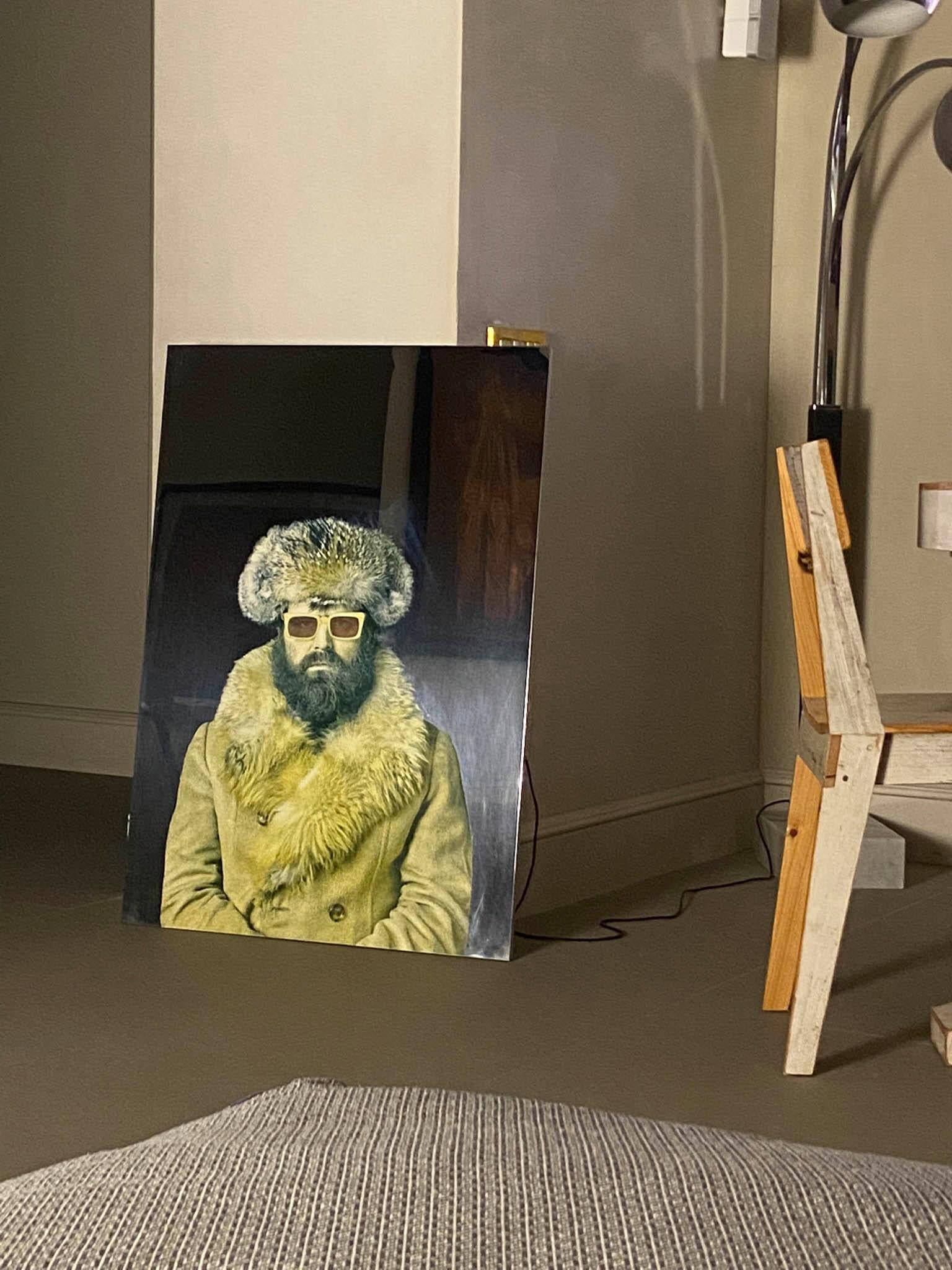 Self-Portrait with Yellow Glasses, Silkscreen on polished stainless steel - Conceptual Print by Michelangelo Pistoletto