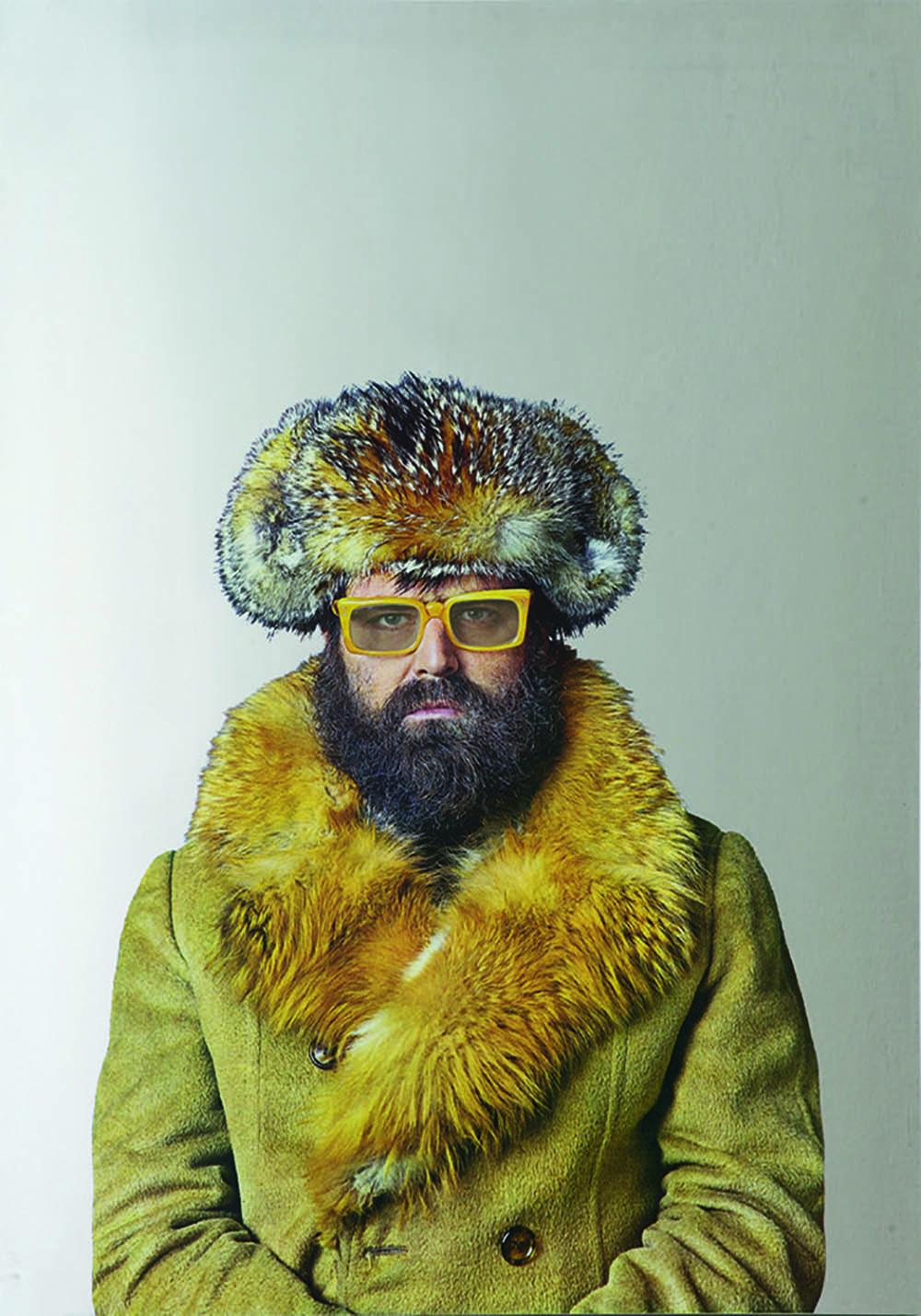 Michelangelo Pistoletto Portrait Print - Self-Portrait with Yellow Glasses, Silkscreen on polished stainless steel