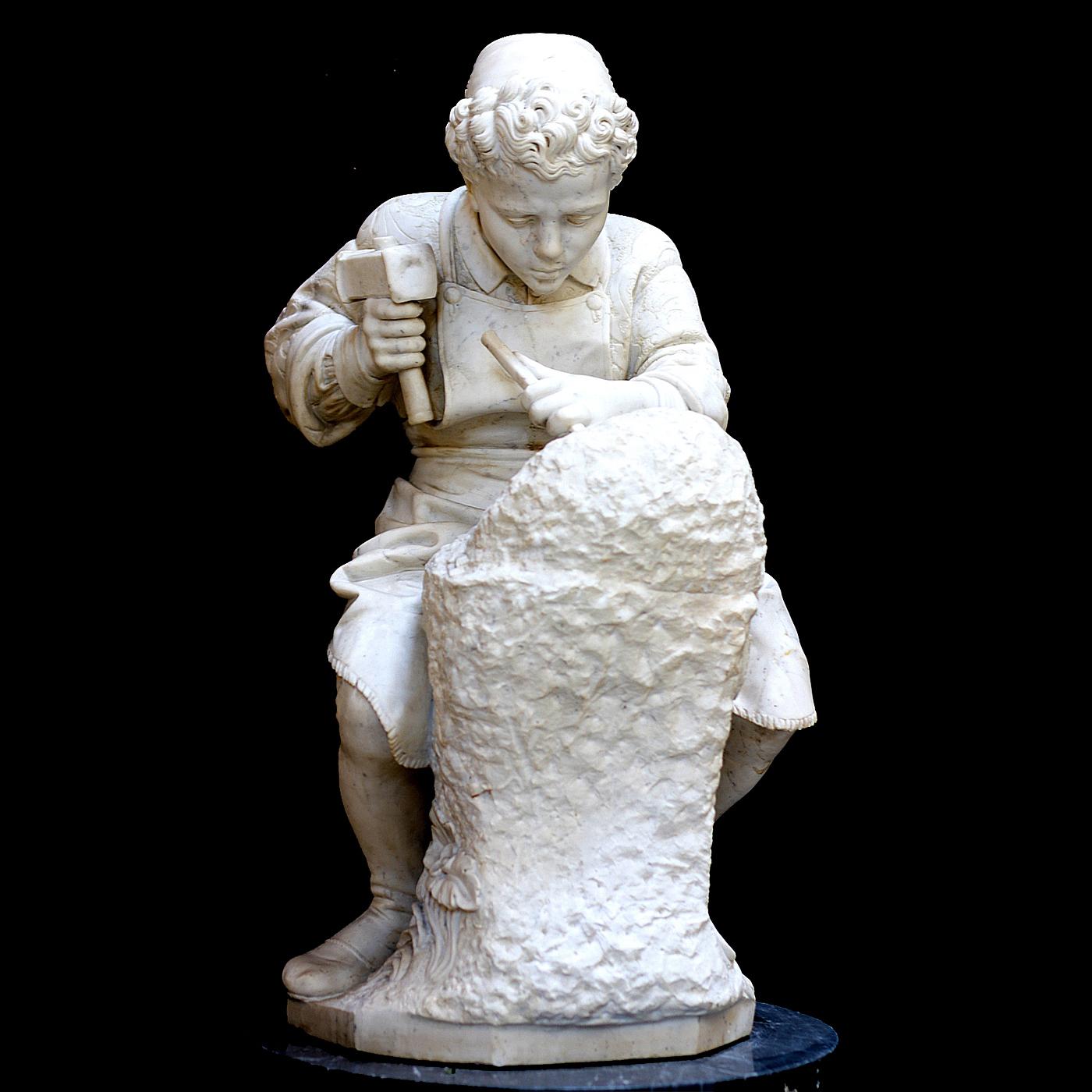 This sculpture is a high-quality replica of Emilio Zocchi's famous sculpture. The piece portrays a well-known episode in the life of a young, 15 year-old Michelangelo, when he copied the head of an ancient fawn figure. Lorenzo de' Medici was so