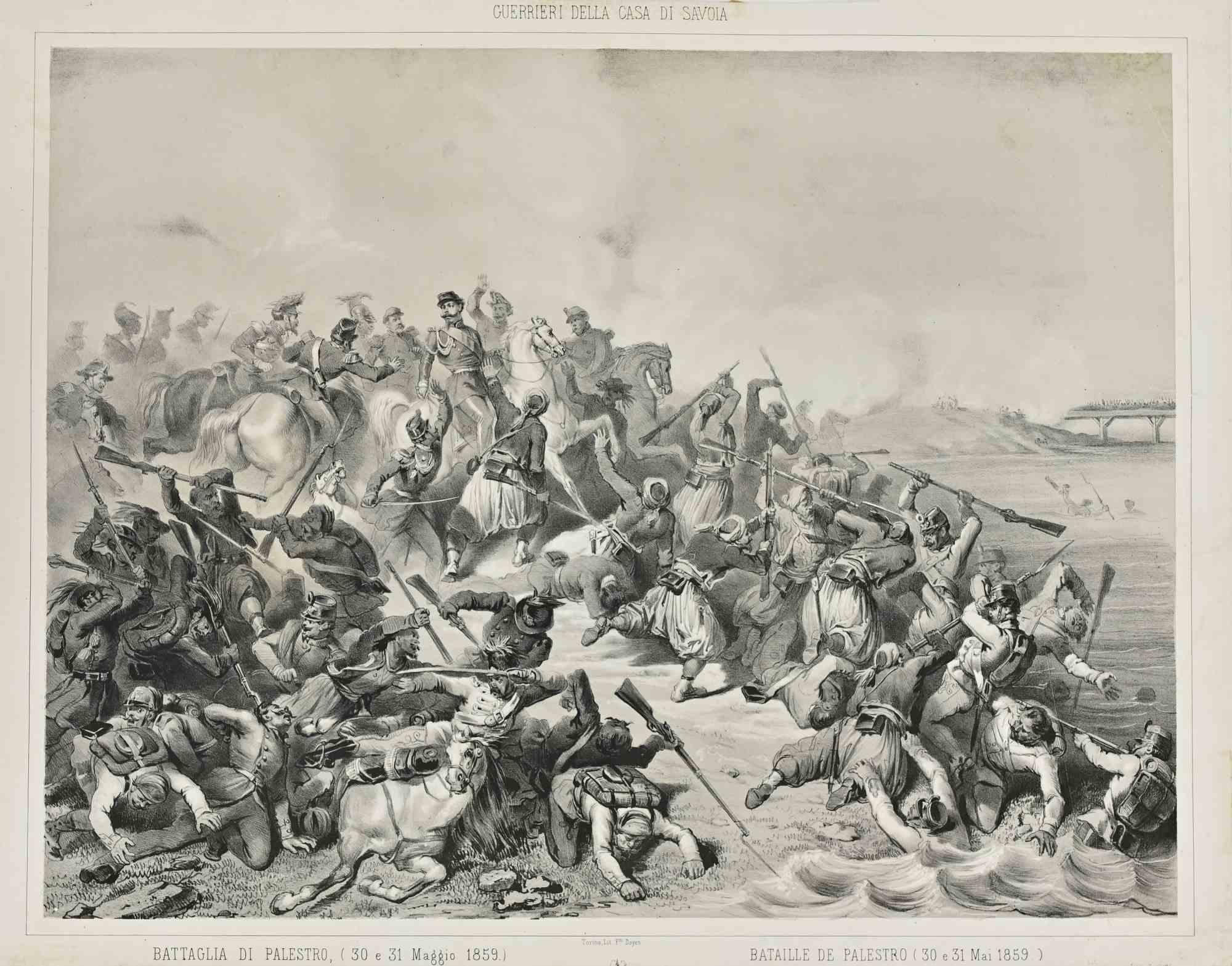 La Bataille de Palestro is an artwork realized in 1863 c, by Michele and Leonardo Doyen, Turin.

Lithograph on paper.  Signed and titled on plate on the margin. The artwork is part of the collection "Guerrieri della casa di Savoia".

Good