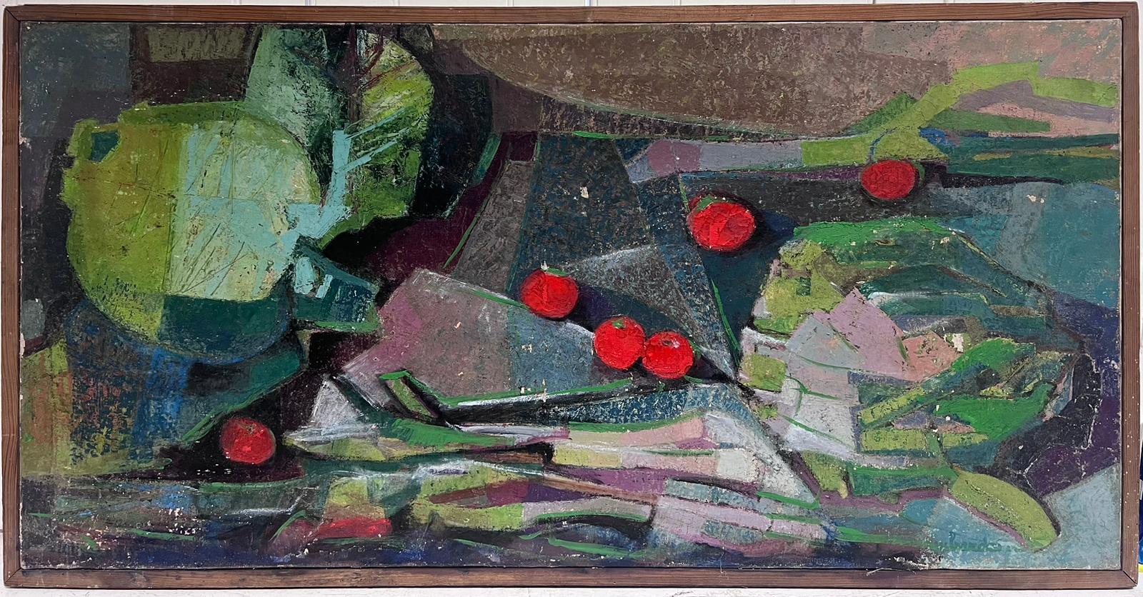 Grande dipinto ad olio cubista originale della metà del XX secolo Pomodori e forme - Painting di Michele Bardet