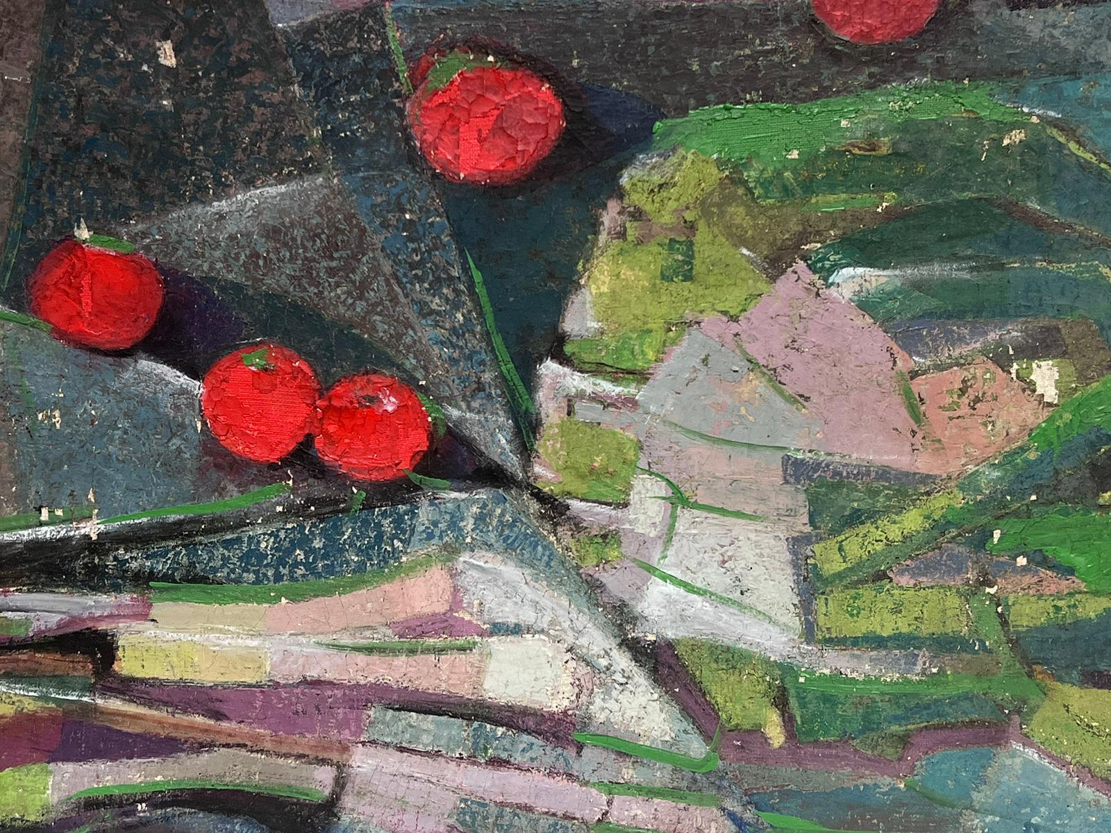 Grande dipinto ad olio cubista originale della metà del XX secolo Pomodori e forme - Still-Life Painting Grigio di Michele Bardet