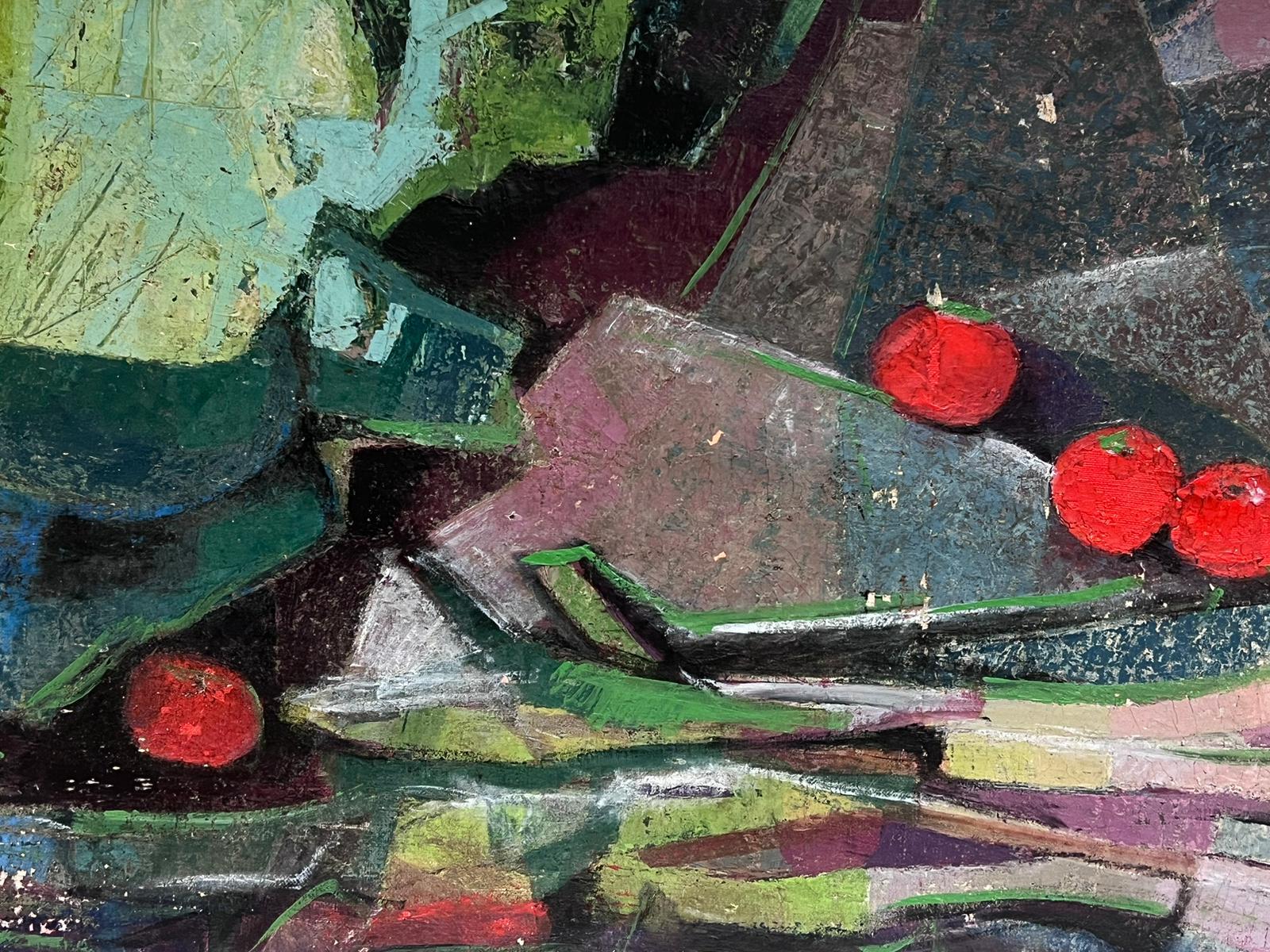 Natura morta cubista, pomodori
di Michele Bardet (French mid 20th century)
olio su tela, incorniciato in una cornice di legno originale
incorniciato: 21 x 41 pollici
tela: 20 x 40 pollici
provenienza: collezione privata, Francia
condizioni: qualche